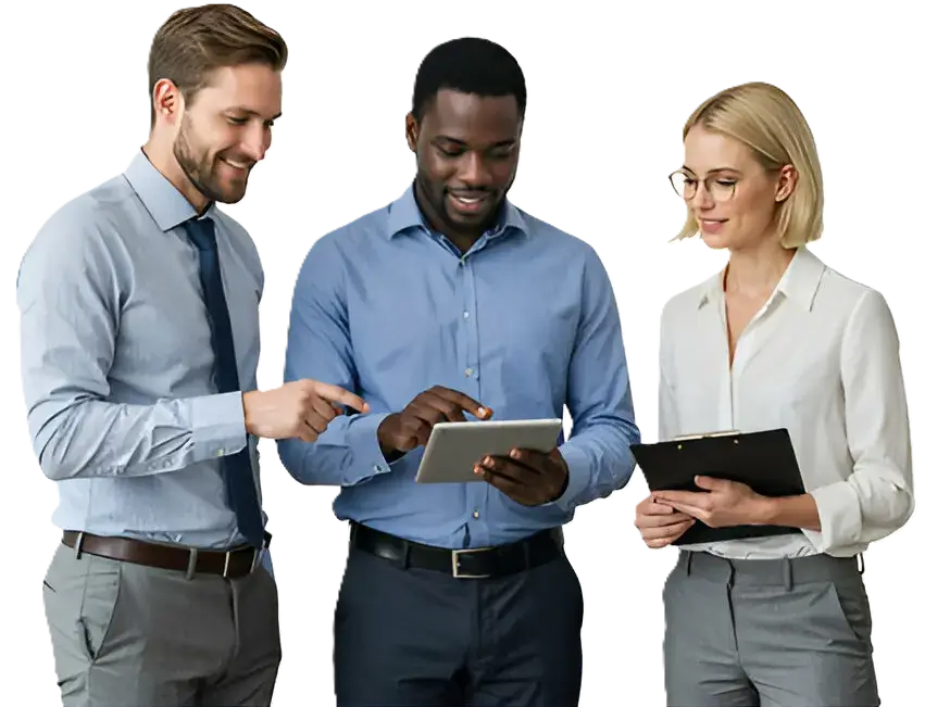 Three Indosoft employees and clients from diverse backgrounds standing and collaborating, discussing their next project using a tablet and a clipboard.