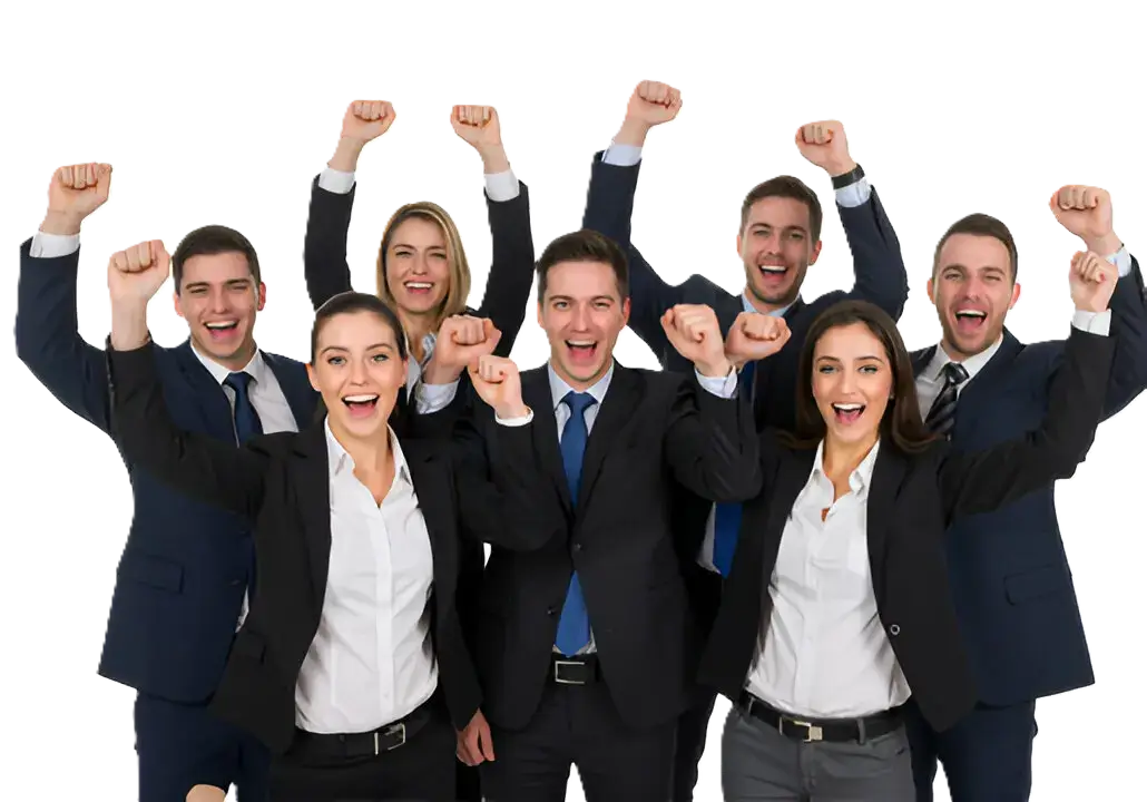 Happy corporate team cheering together, representing the success of Indosoft’s comprehensive training solutions. Corporate team celebrating success after completing Indosoft’s expert-led training program combining traditional and modern learning methods.