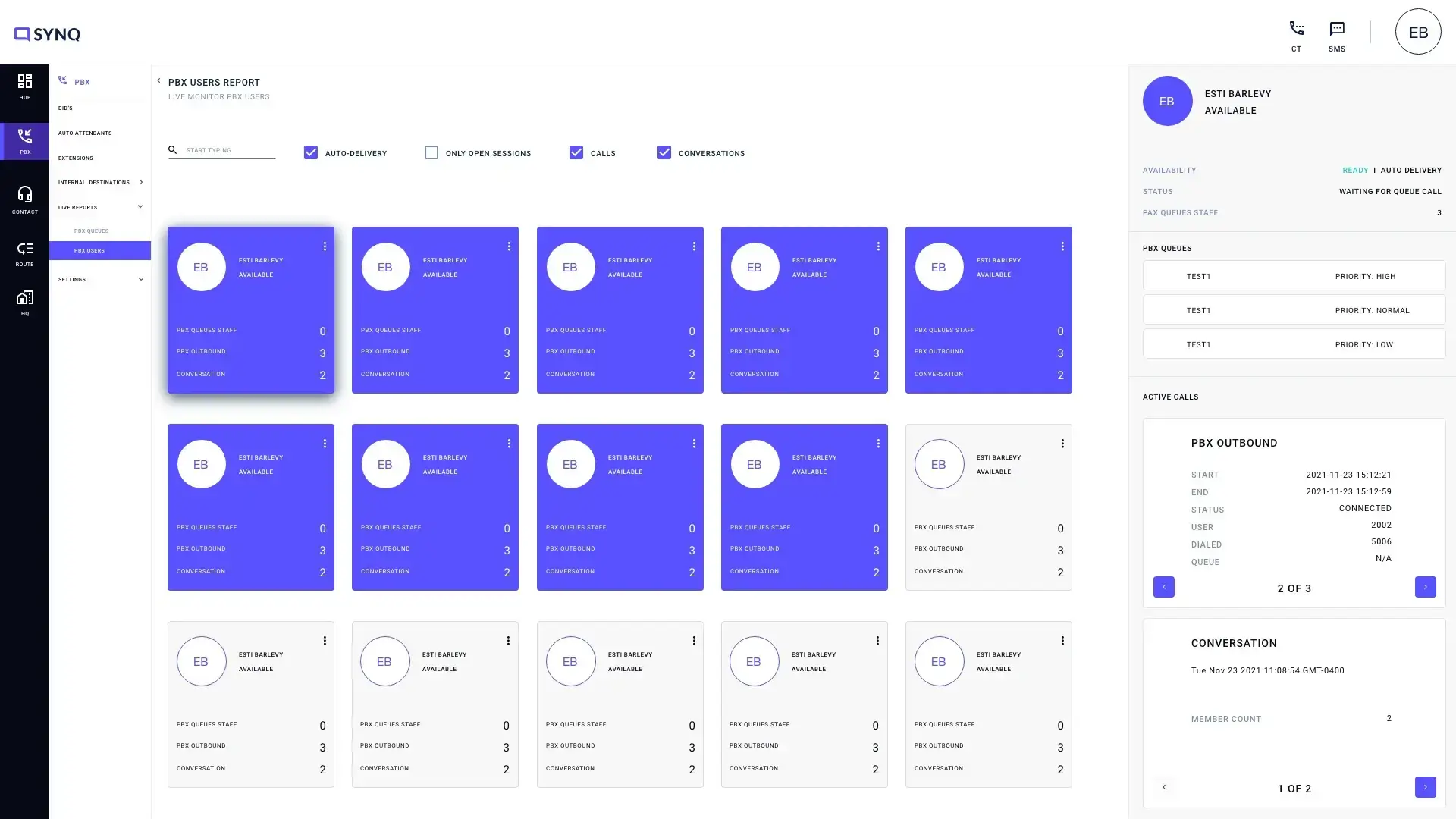 A visual of the SYNQ platform dashboard displaying inbound and outbound call conversations, highlighting unified communication across business functions. Dashboard view of SYNQ platform showing inbound and outbound call conversations across various business sections