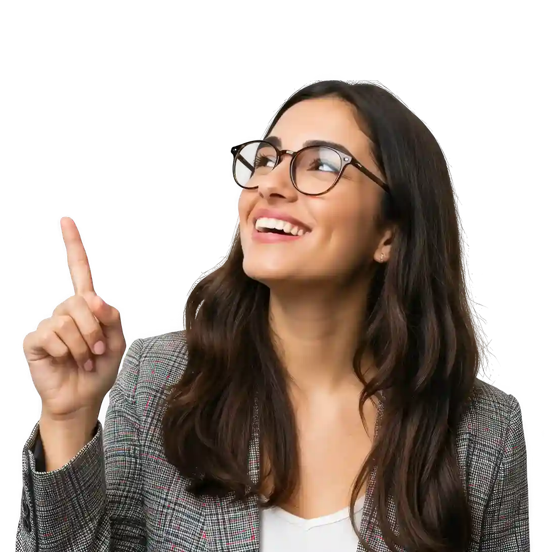 Young professional woman looking inspired and pointing upward, reflecting Indosoft’s pursuit of innovation and progress in communication technology. Young professional woman looking inspired and pointing upward, reflecting Indosoft’s pursuit of innovation and progress in communication technology.