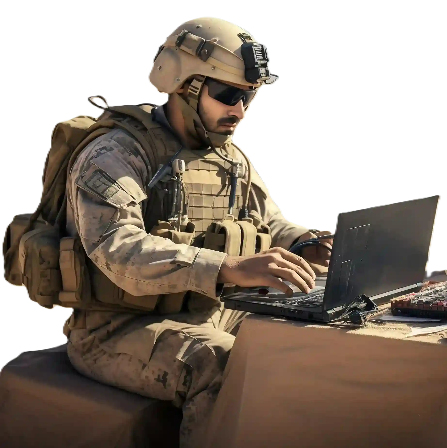 Military teams boost productivity and readiness with Indosoft’s flexible, secure platform that customizes dashboards, reporting, and system integrations. A soldier using a laptop with Indosoft’s military solution during a mission-critical operation, showcasing customizable, secure, and flexible defense-ready software.