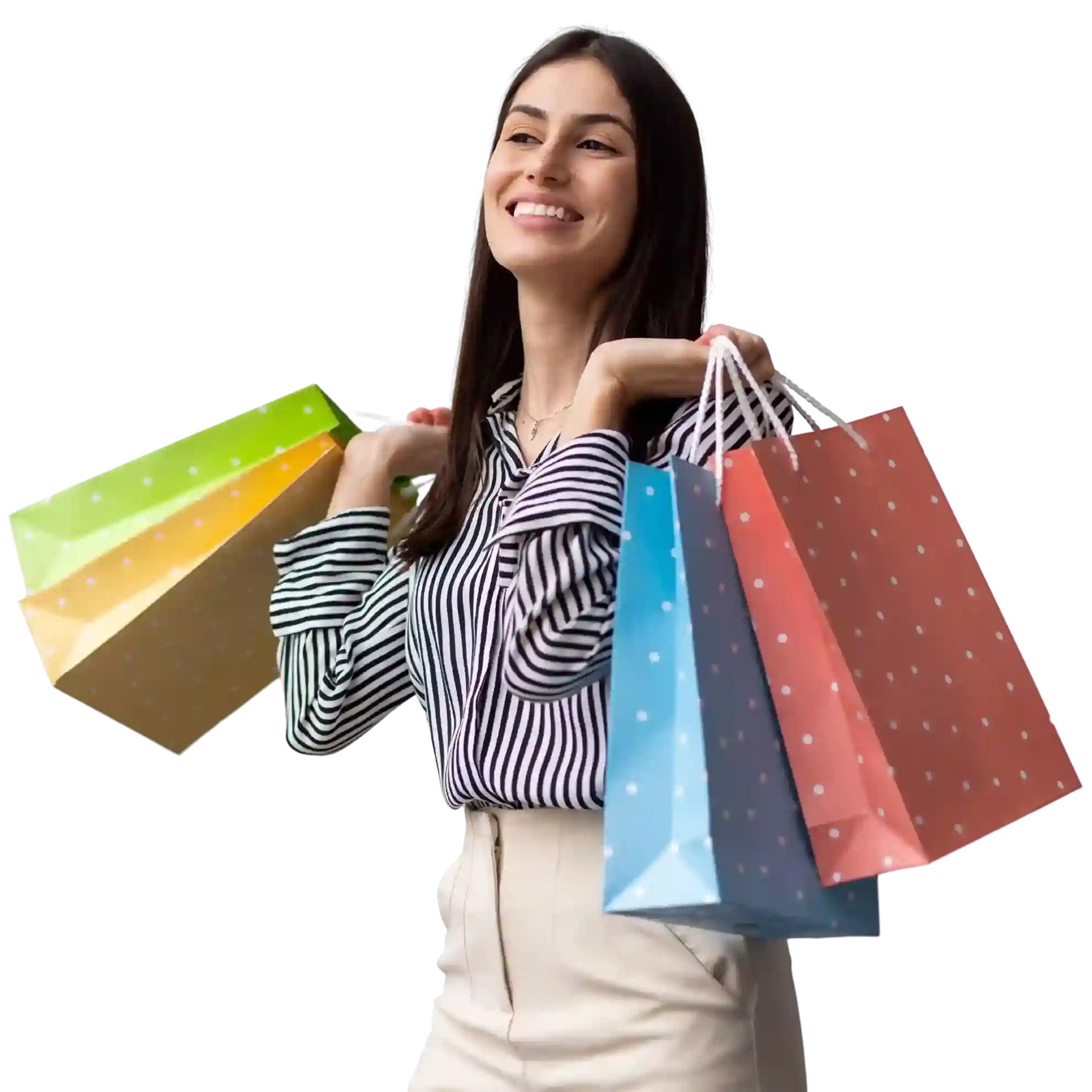 A happy shopper carries multicolored bags, symbolizing the improved retail experience powered by Indosoft’s smart communication and customer support system. A happy shopper carries multicolored bags, symbolizing the improved retail experience powered by Indosoft’s smart communication and customer support system.