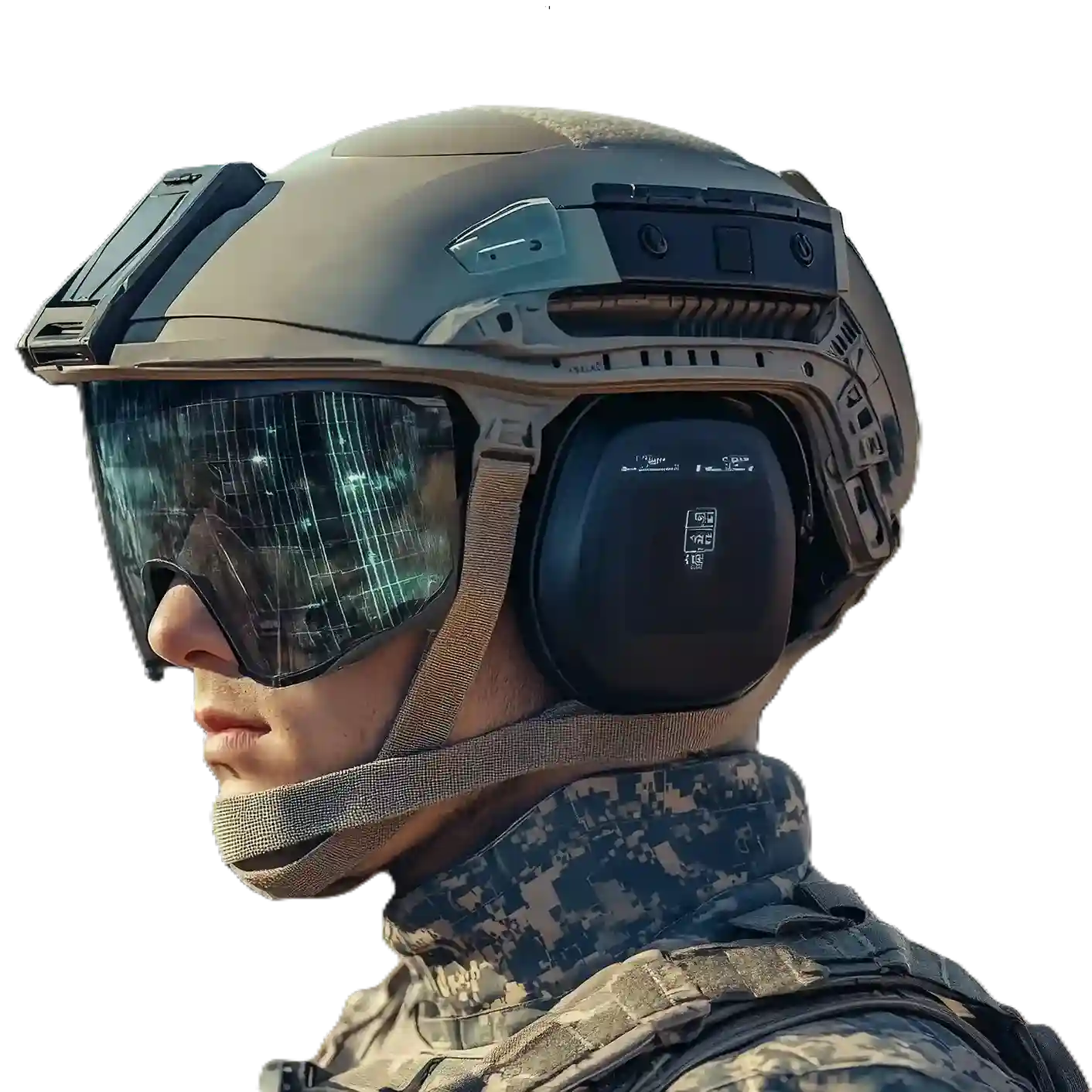 Indosoft enables seamless integration with defense systems, automating tasks, securing data, and improving military efficiency for mission success. Soldier wearing a high-tech combat helmet with Indosoft military solution, enabling seamless system integration, secure data exchange, and mission efficiency.