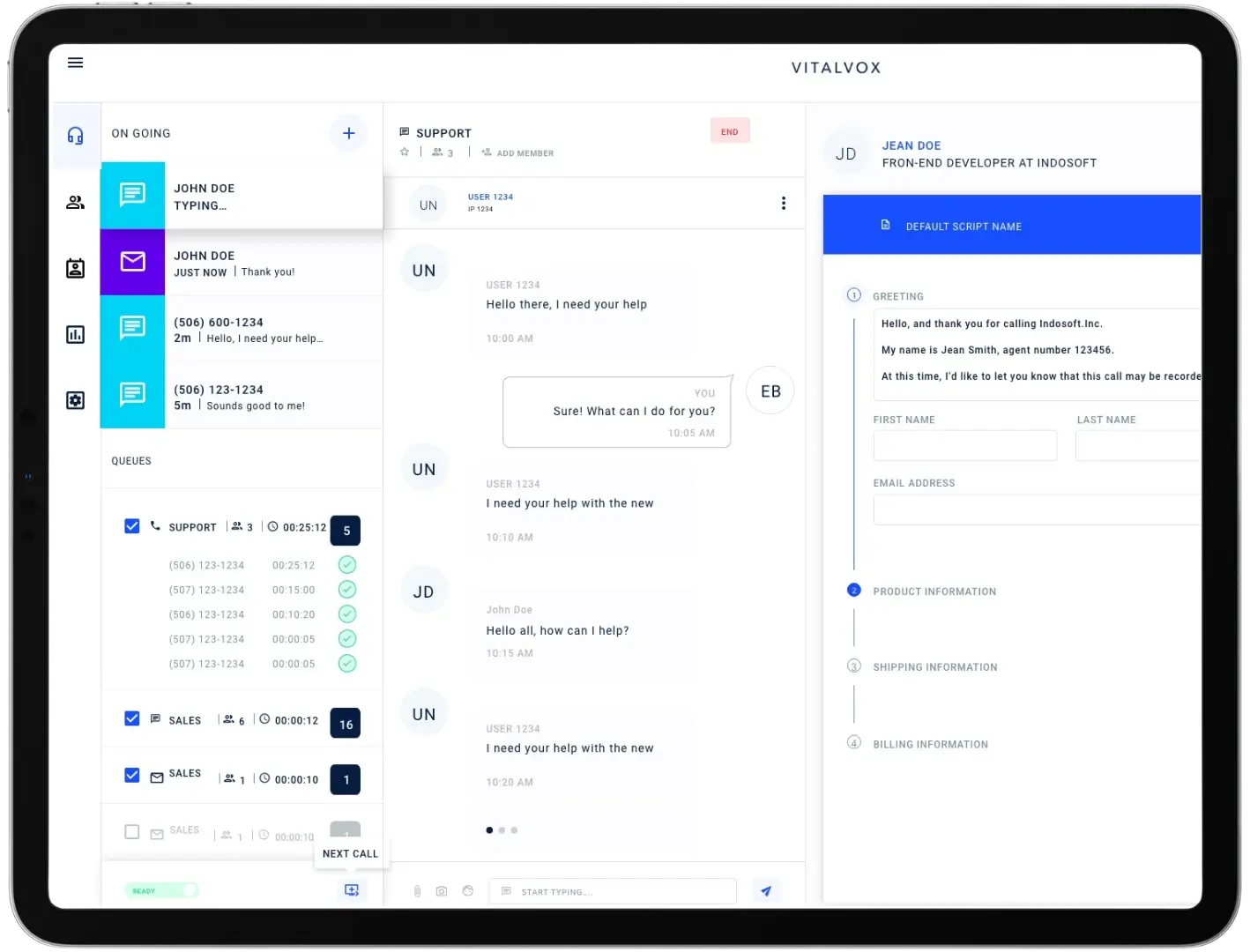 Interactive CRM interface from Indosoft displaying features that help support teams respond faster using pre-written scripts and automated workflows. Indosoft omnichannel dashboard showing tools that empower agents with automated scripts, real-time data, and integrations for better customer service.