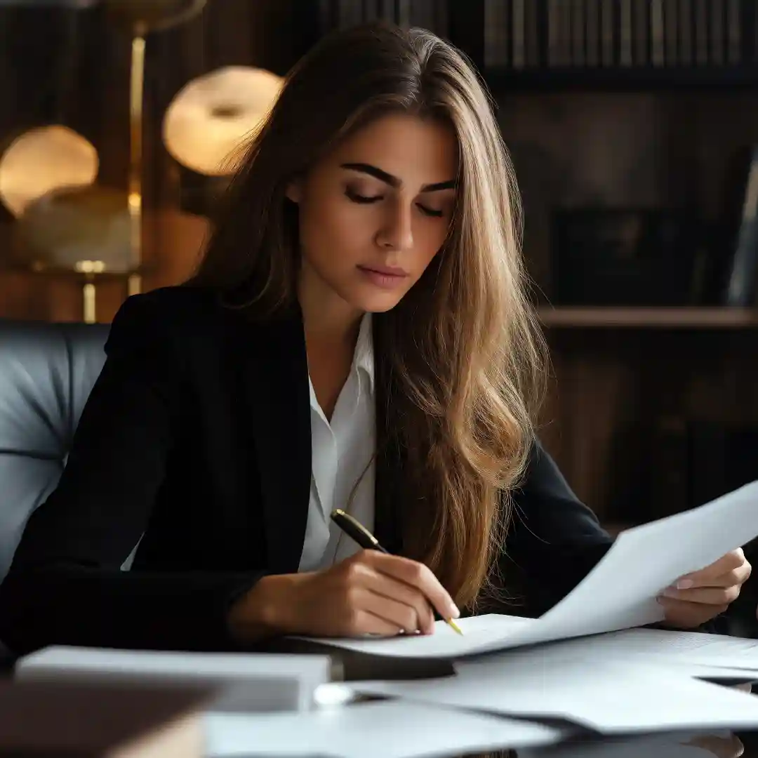 Female legal professional examines case documents and connects with colleagues through Indosoft’s secure communication system. A female attorney in her office reviews legal documents while using Indosoft’s legal solution to communicate securely with her colleagues.