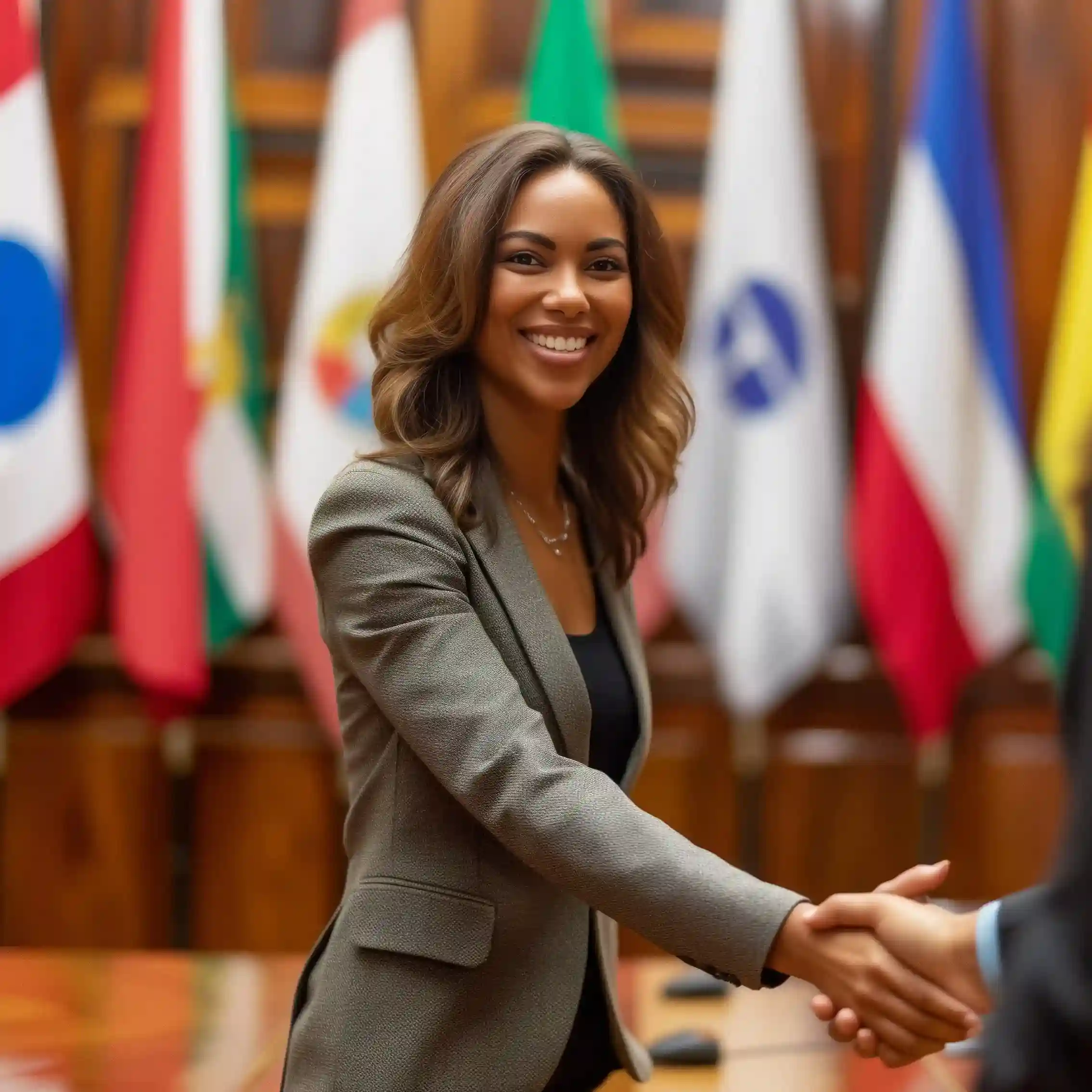 Diplomat engaging with peers in a global conference, symbolizing Indosoft’s role in connecting governments through AI-driven public service innovation. Female government representative greeting international delegates using Indosoft’s secure communication platform to strengthen digital public collaboration.
