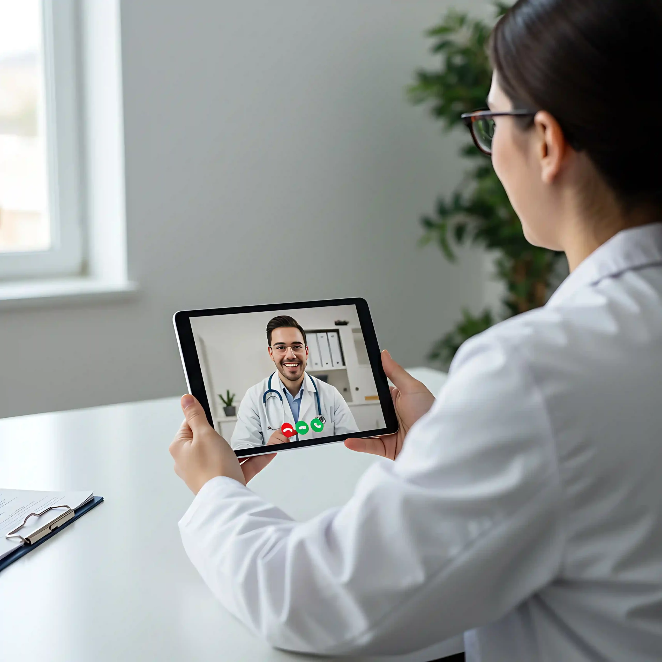 Indosoft enables seamless collaboration among healthcare professionals through secure digital tools that improve communication and patient care coordination. Medical professionals review data together on a tablet using Indosoft healthcare software to streamline coordination and patient management.