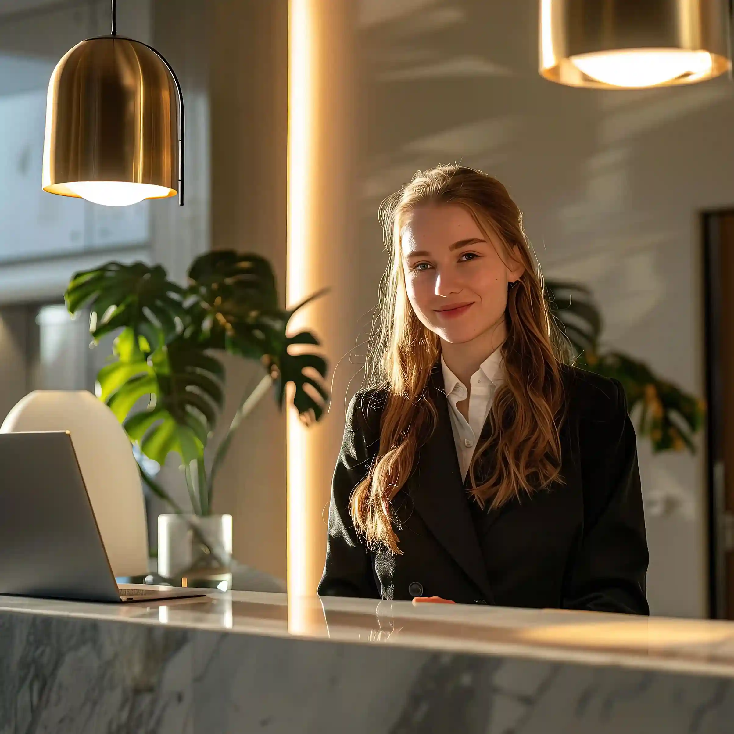 Professional hotel receptionist monitoring guest requests in Indosoft to ensure timely, consistent service. Hotel receptionist smiling while managing guest requests using Indosoft hospitality solutions to enhance communication and service.