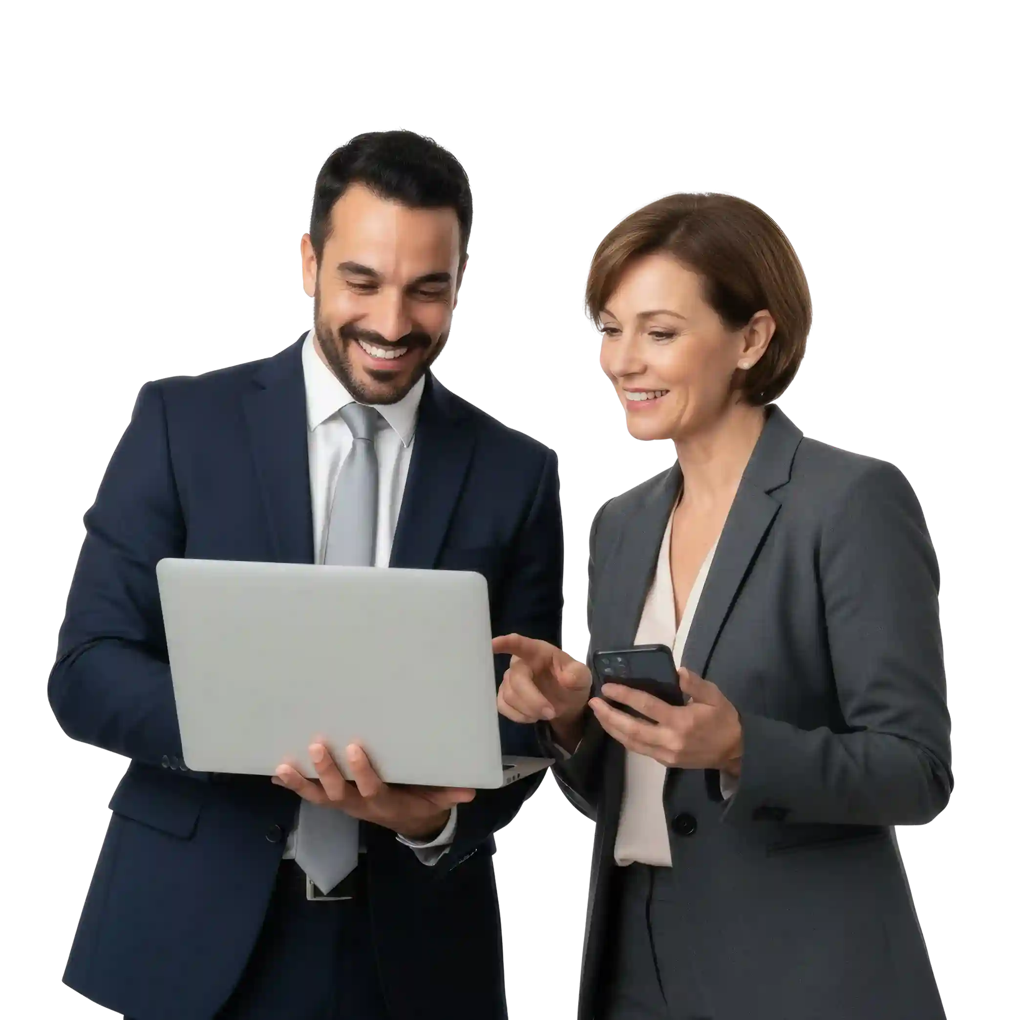 Group of business professionals connecting with Indosoft online to get support and find solutions tailored to their needs. Smiling colleagues in formal business attire using a laptop to contact Indosoft’s support team for guidance and personalized assistance.