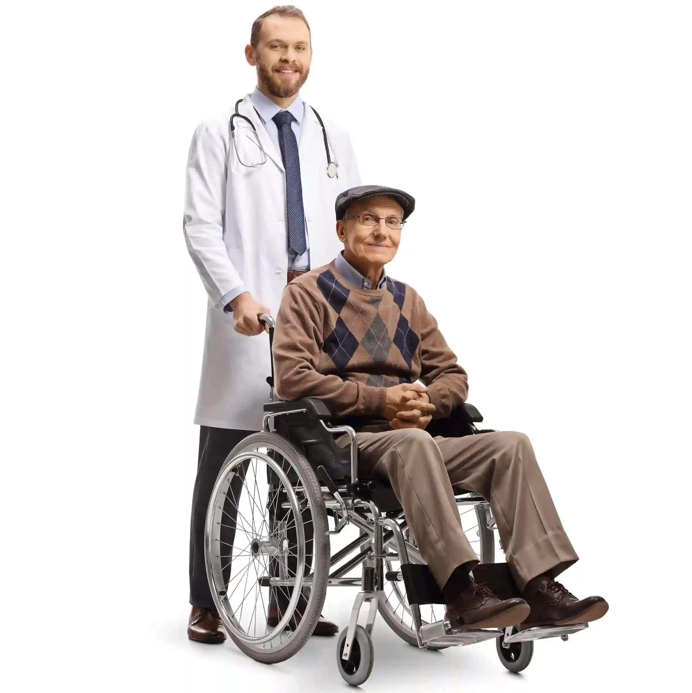 Indosoft ensures military-grade data protection with secure, mission-ready solutions for defense teams to manage tasks, communications, and performance tracking. An elderly patient in a wheelchair consults a doctor who uses Indosoft healthcare solutions for efficient onboarding, training, and ongoing system support.