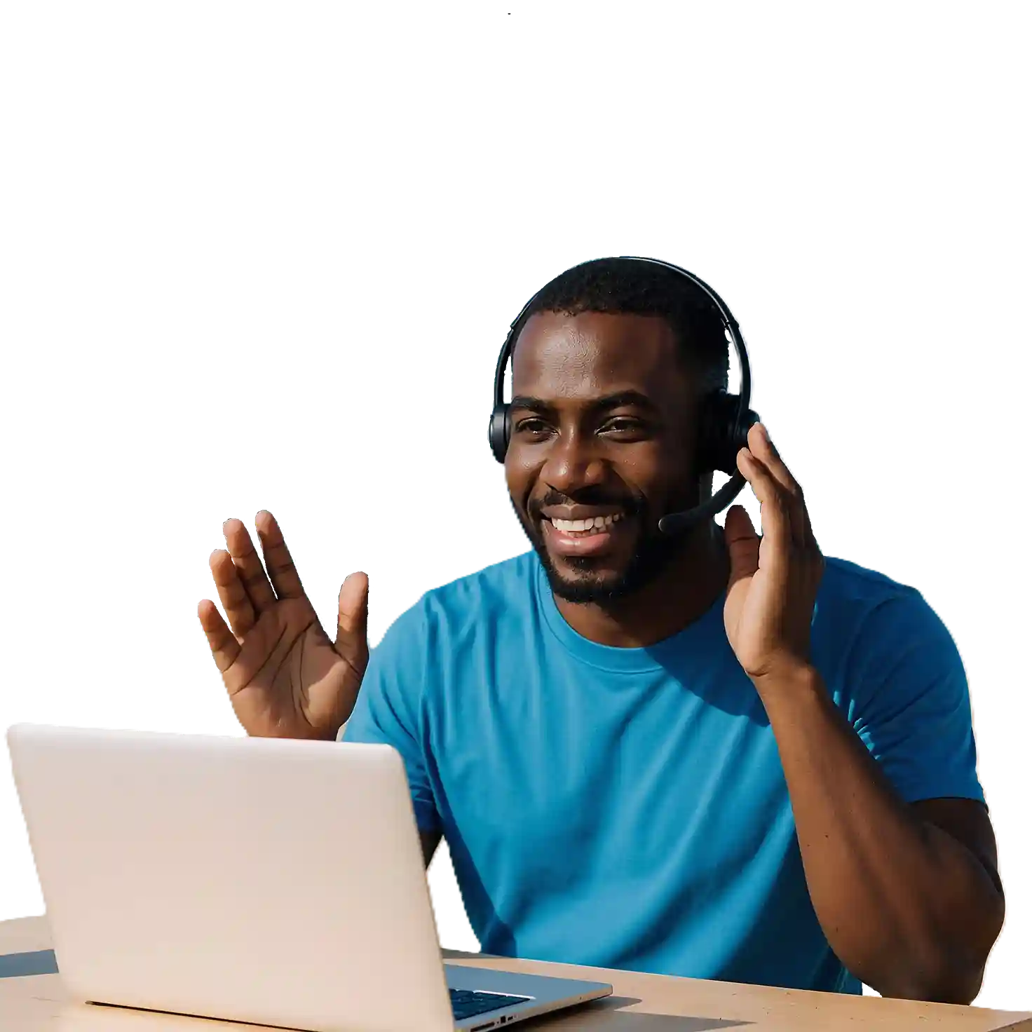 Indosoft delivers high-performance tools that help banks, insurers, and financial firms enhance customer engagement and foster long-term loyalty. A cheerful man sits on the beach with a laptop and headset, video calling his bank using Indosoft financial services for seamless client interaction.