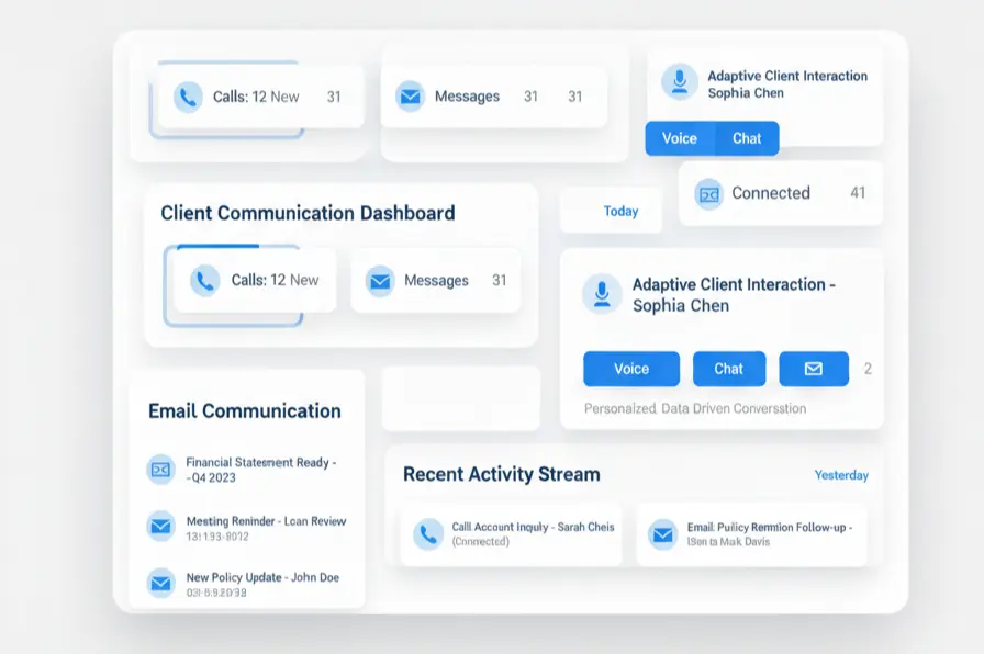 Users celebrate efficiency and accuracy gained from Indosoft financial solutions for billing, claims, and account management. A dashboard view of Indosoft’s adaptive financial communication platform showing voice, chat, and email interactions for personalized client engagement.