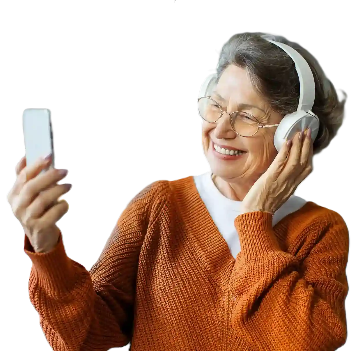 Senior citizen engaging in a government support video call through Indosoft’s AI-powered contact center for quick and personalized service. Senior citizen happily using Indosoft’s government contact center through a mobile video call, connecting seamlessly with public service officials to resolve her concern.