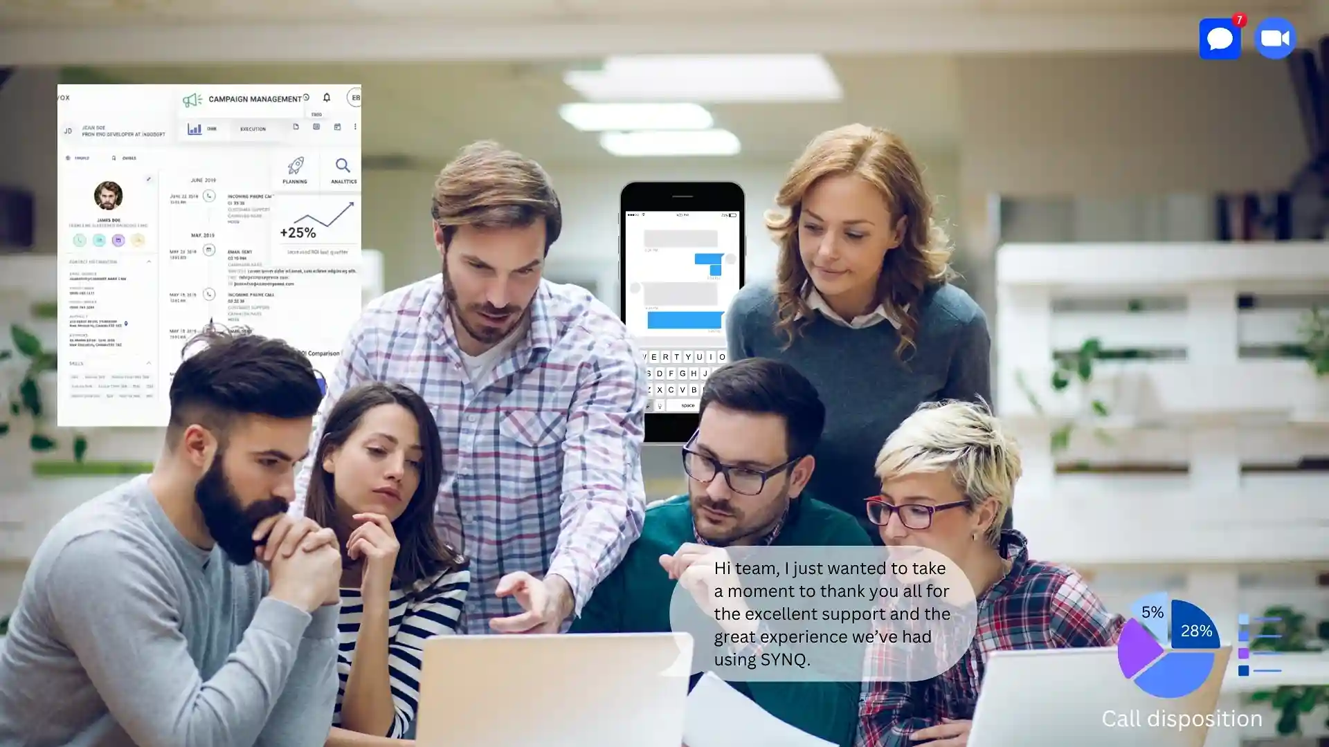 Indosoft product team smiles as a client appreciates their work on SYNQ during a call. Indosoft developers on a laptop call with a client expressing gratitude for using SYNQ.
