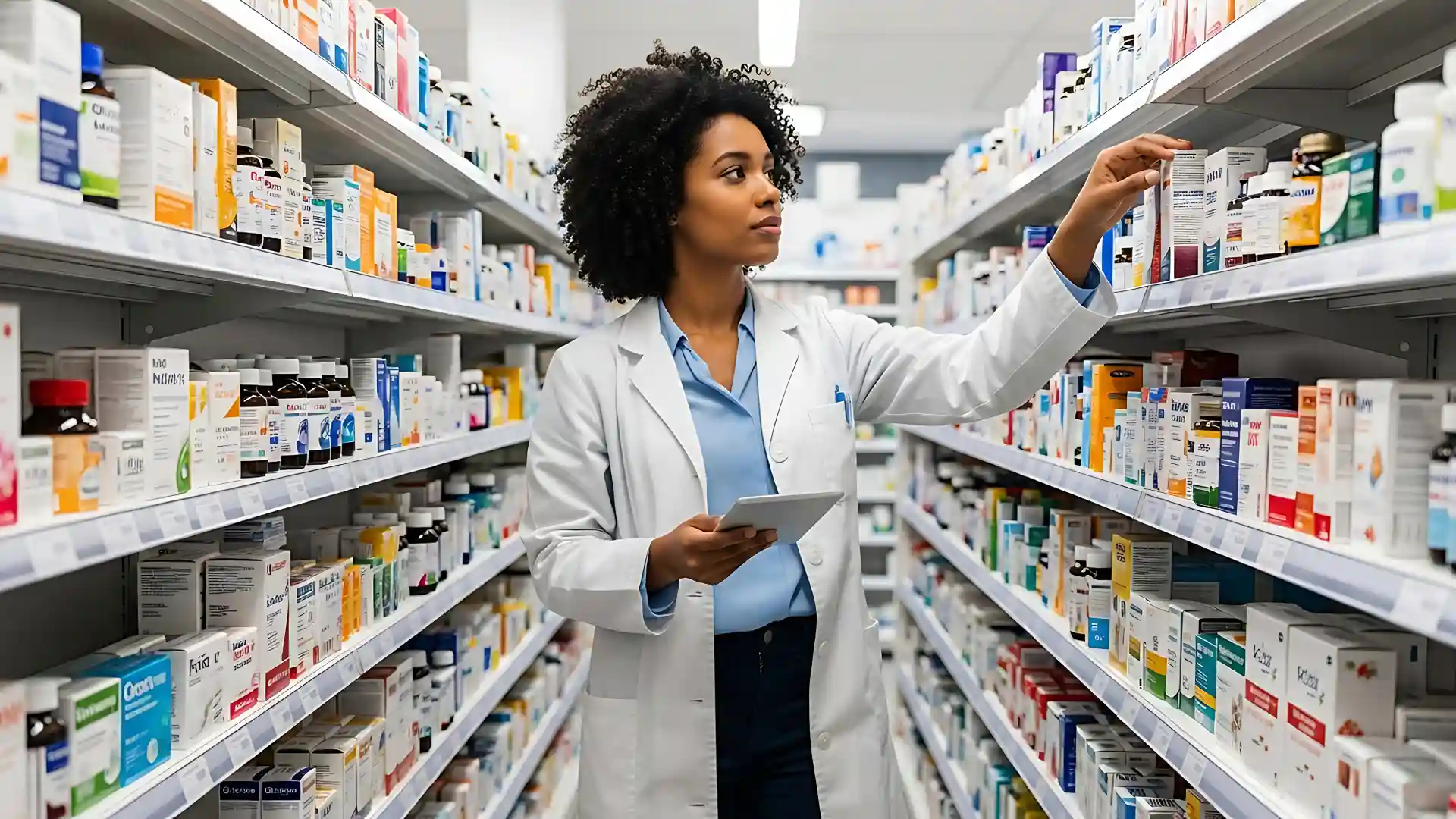 Professional pharmacist using a tablet powered by Indosoft’s retail system to access and complete pharmacy customer orders. Pharmacist reviewing stock on a pharmacy shelf using Indosoft’s retail platform to process and track customer medicine orders.