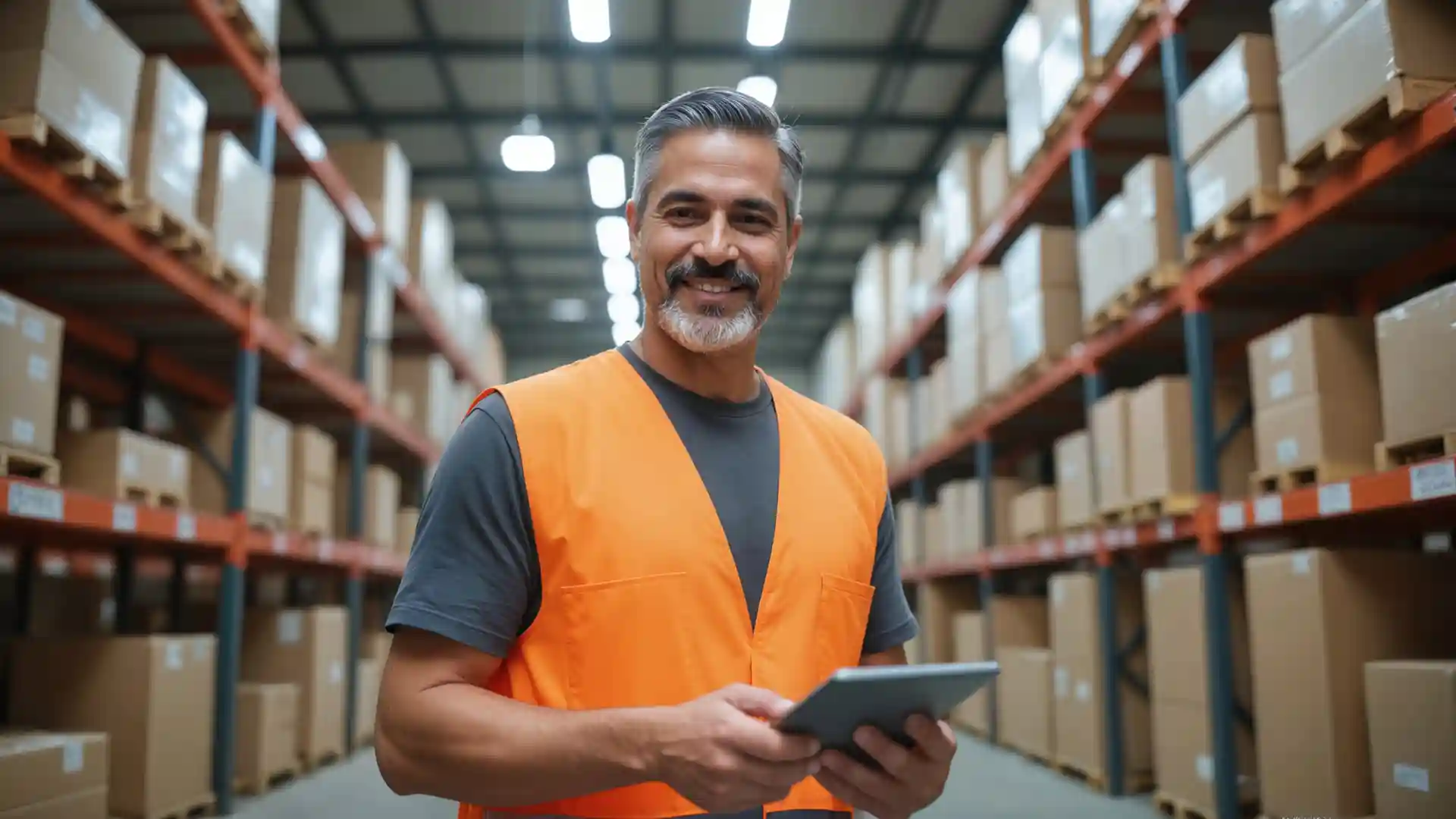 Distribution center operator with tablet relies on Indosoft to route orders to the best location for speed and cost. Safety-vested warehouse employee uses Indosoft on a tablet to automate pickup and shipping updates.