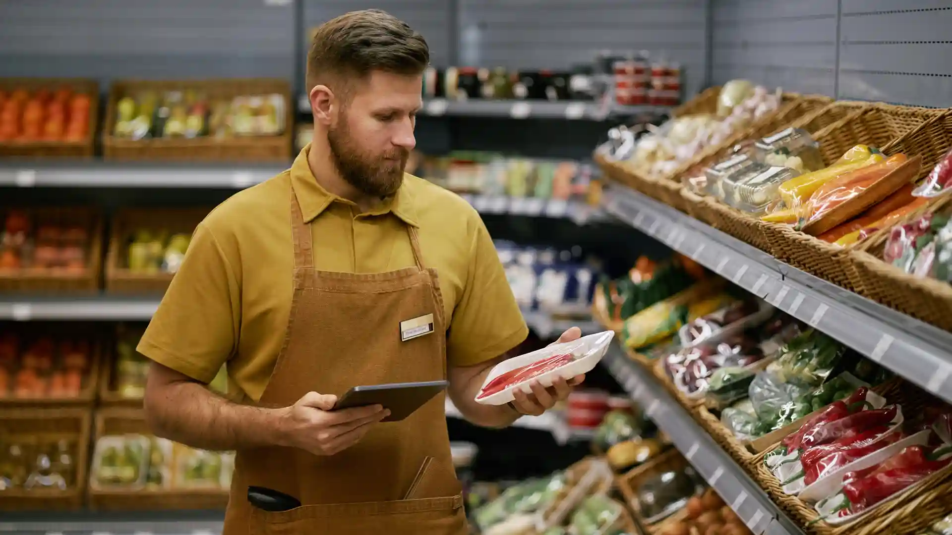 Grocery staffer auditing packaged items, tablet open to Indosoft analytics for customer support reporting and service improvements. Grocery associate reviews packaged goods while using a tablet with Indosoft retail solutions to track customer support metrics and orders.