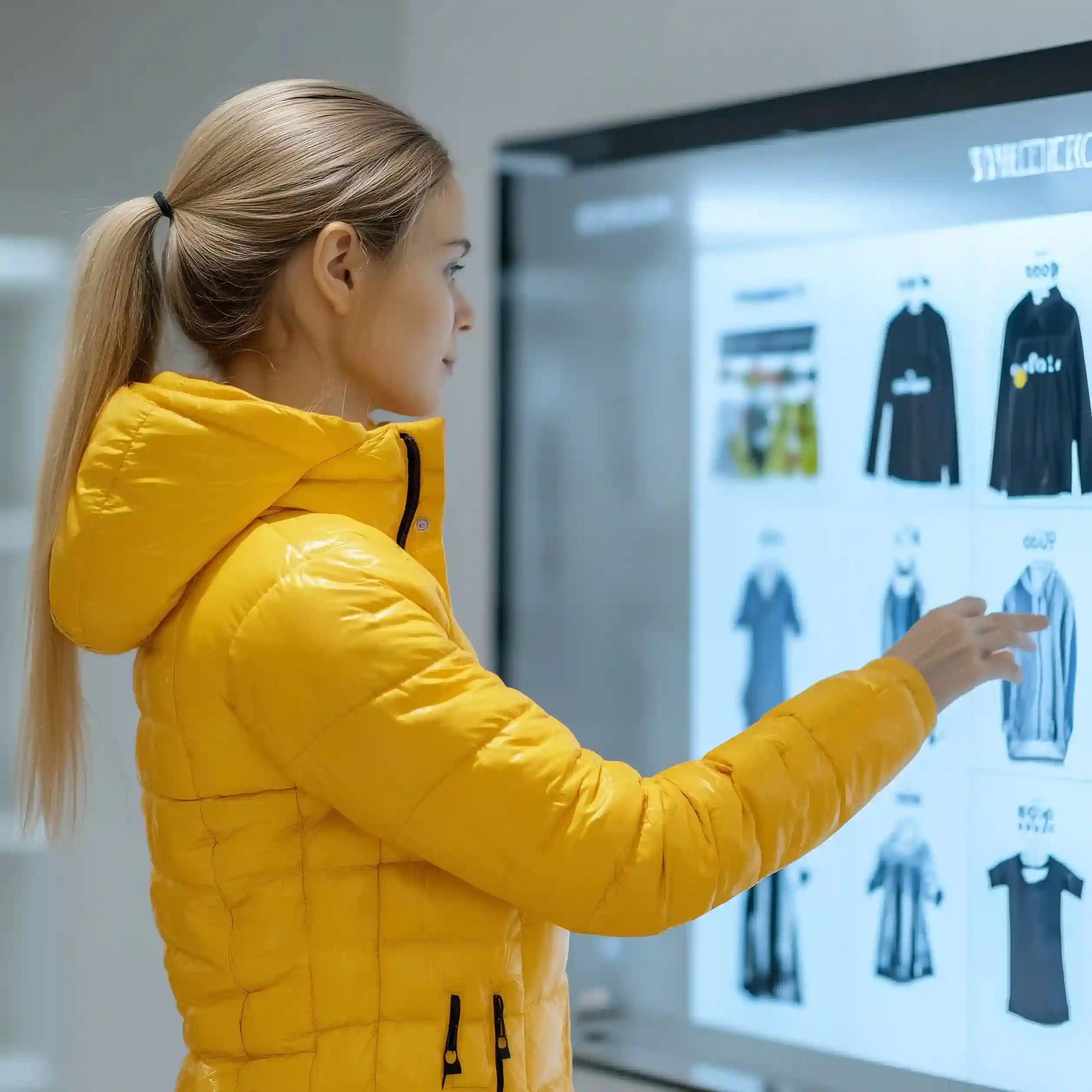 Indosoft-enabled AR mirror shows outfits and automates answers, reducing wait times and boosting CX. Shopper using an augmented reality mirror to virtually try on outfits, guided by the Indosoft AI assistant for instant recommendations.