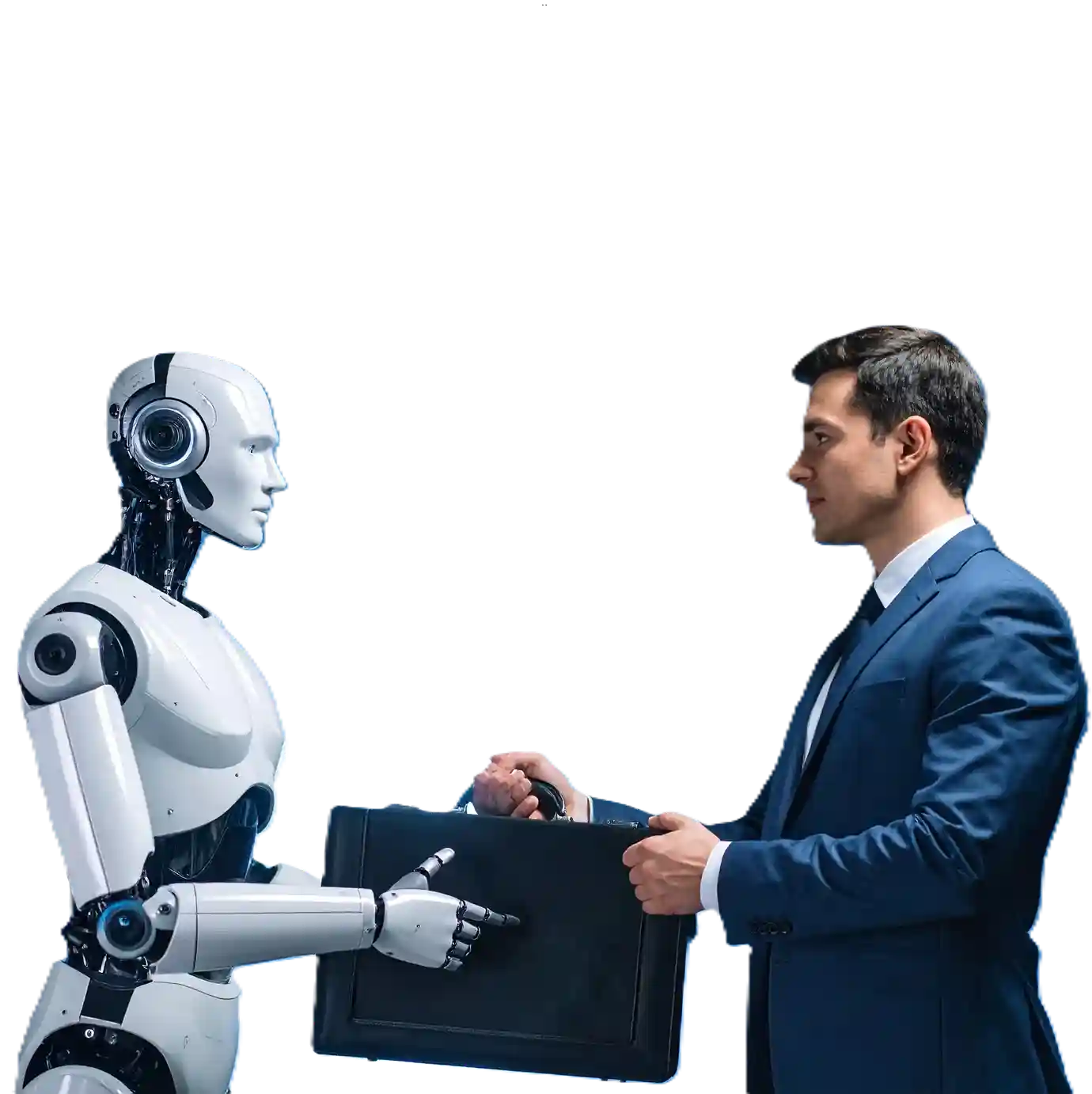 AI-enabled humanoid robot and government officer collaborating in a business meeting to showcase Indosoft’s role in transforming public service infrastructure. Government officer meeting with an AI-powered robot symbolizing Indosoft’s modern government solutions that unify communication and enhance service delivery.