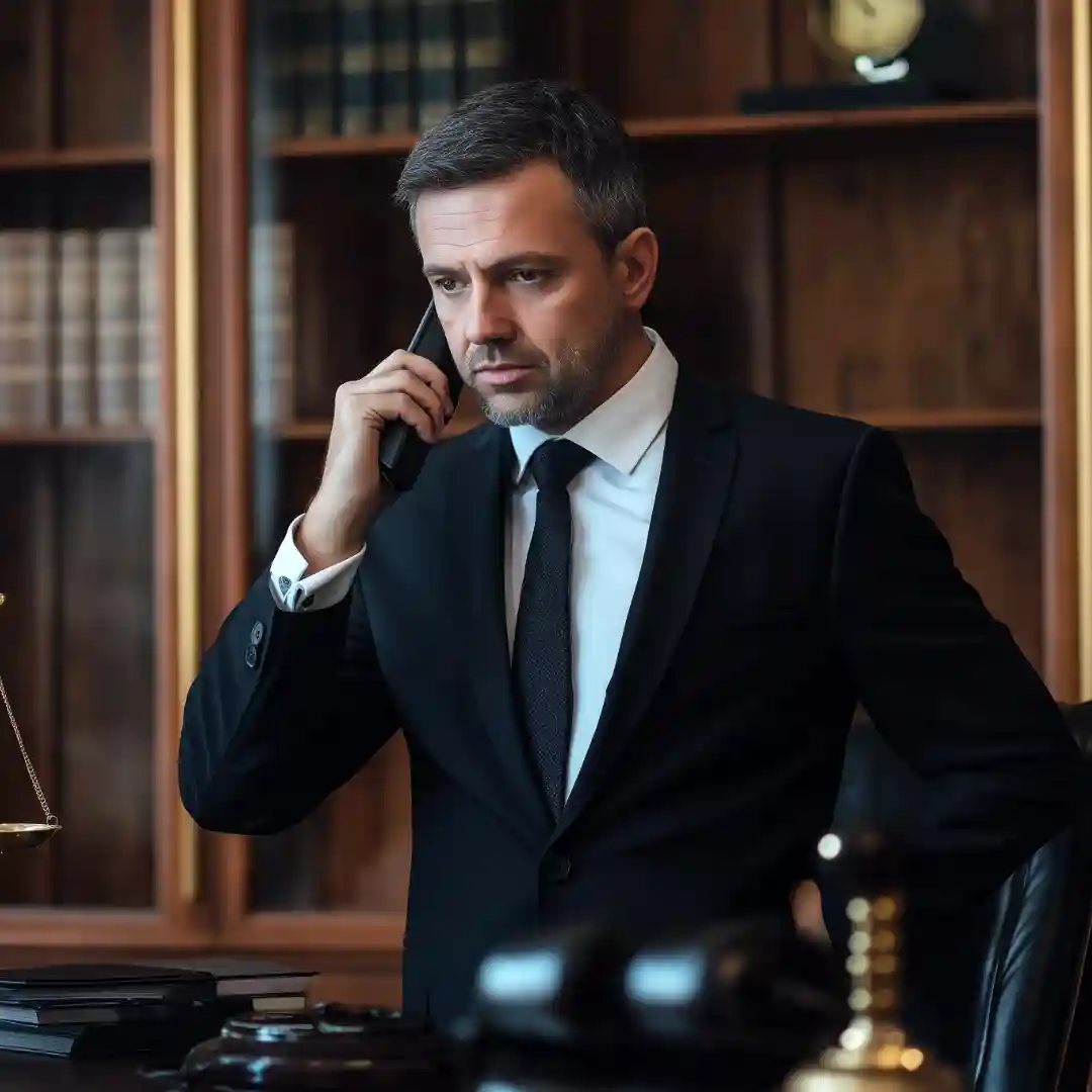 Male legal professional communicates with his team by phone while tracking active cases on Indosoft’s unified legal management system. A male lawyer speaks on the phone in his office while reviewing legal case updates using Indosoft’s real-time tracking solution.