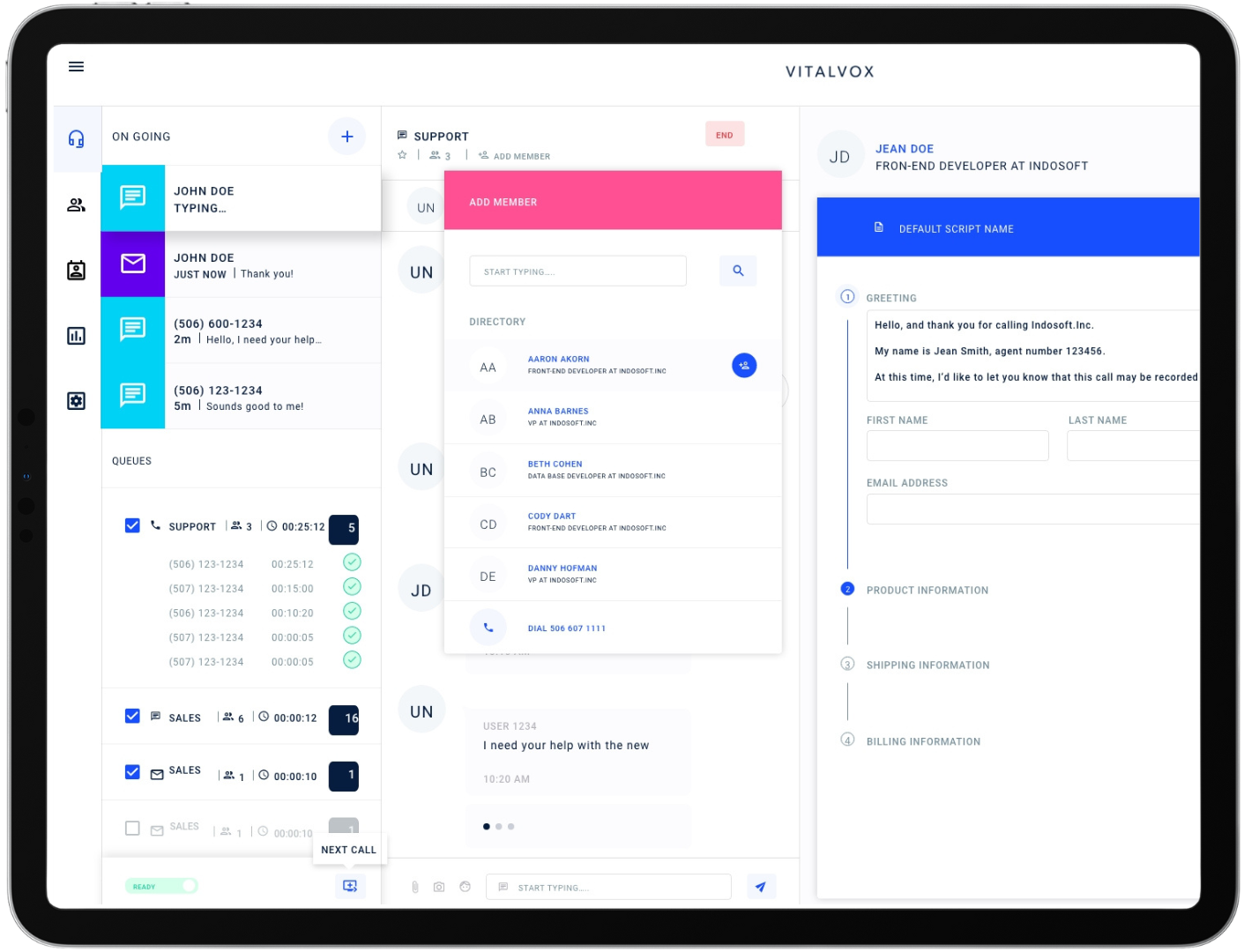 Tablet screen showing Indosoft’s Q-Suite NG product dashboard, illustrating lightweight architecture and seamless installation features. Q-Suite NG interface on a tablet highlighting flexible cloud and on-premise deployment options with easy remote setup and minimal requirements.
