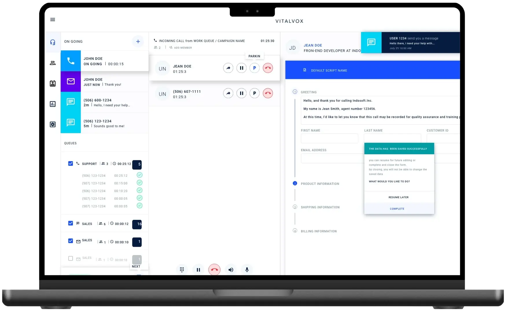 Business professional viewing Indosoft’s Q-Suite NG platform on a laptop, highlighting automated workflows and secure, scalable architecture. Q-Suite NG interface on a laptop showcasing real-time analytics, seamless call continuity, and high-performance system reliability.