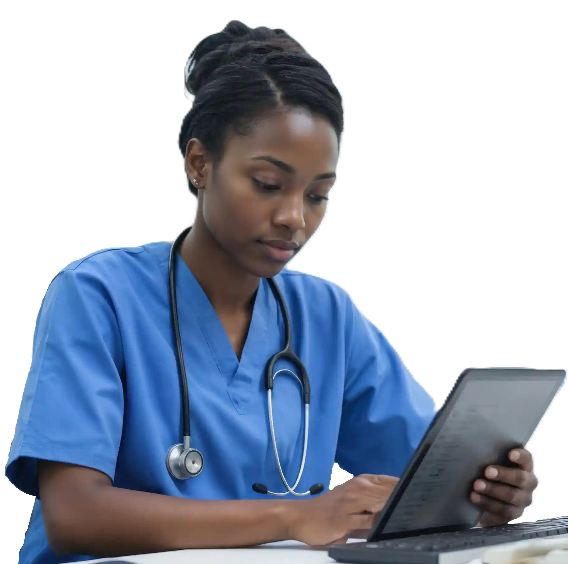 A nurse in a healthcare office checks appointments and follow-up reminders on a tablet using Indosoft’s intelligent scheduling system. An African American nurse uses Indosoft healthcare solutions on a digital tablet in a medical office to review schedules and manage patient follow-ups efficiently.