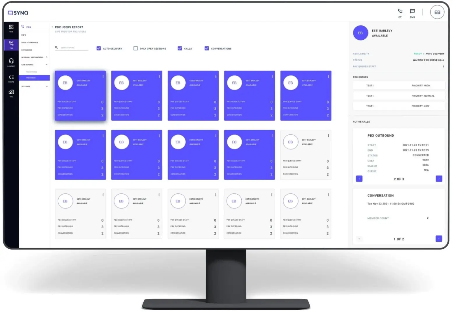A visual of the SYNQ platform dashboard displaying inbound and outbound call conversations, highlighting unified communication across business functions. Dashboard view of SYNQ platform showing inbound and outbound call conversations across various business sections