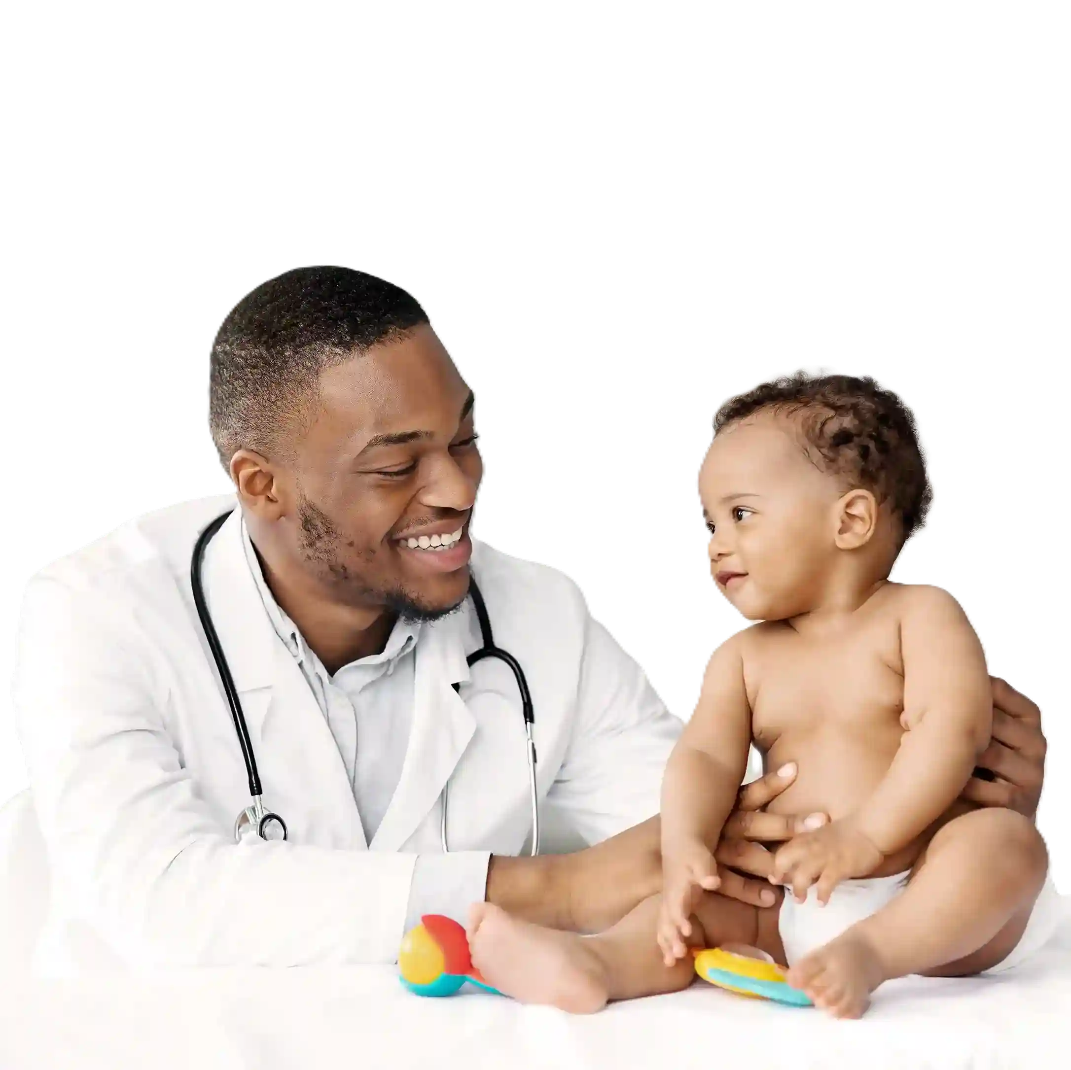 A doctor reviews an infant’s health using Indosoft’s interoperable system that links hospital software for smooth, coordinated patient management A cheerful doctor examines a baby boy whose visit was scheduled using Indosoft’s unified healthcare platform that connects EMR, CRM, and call systems.