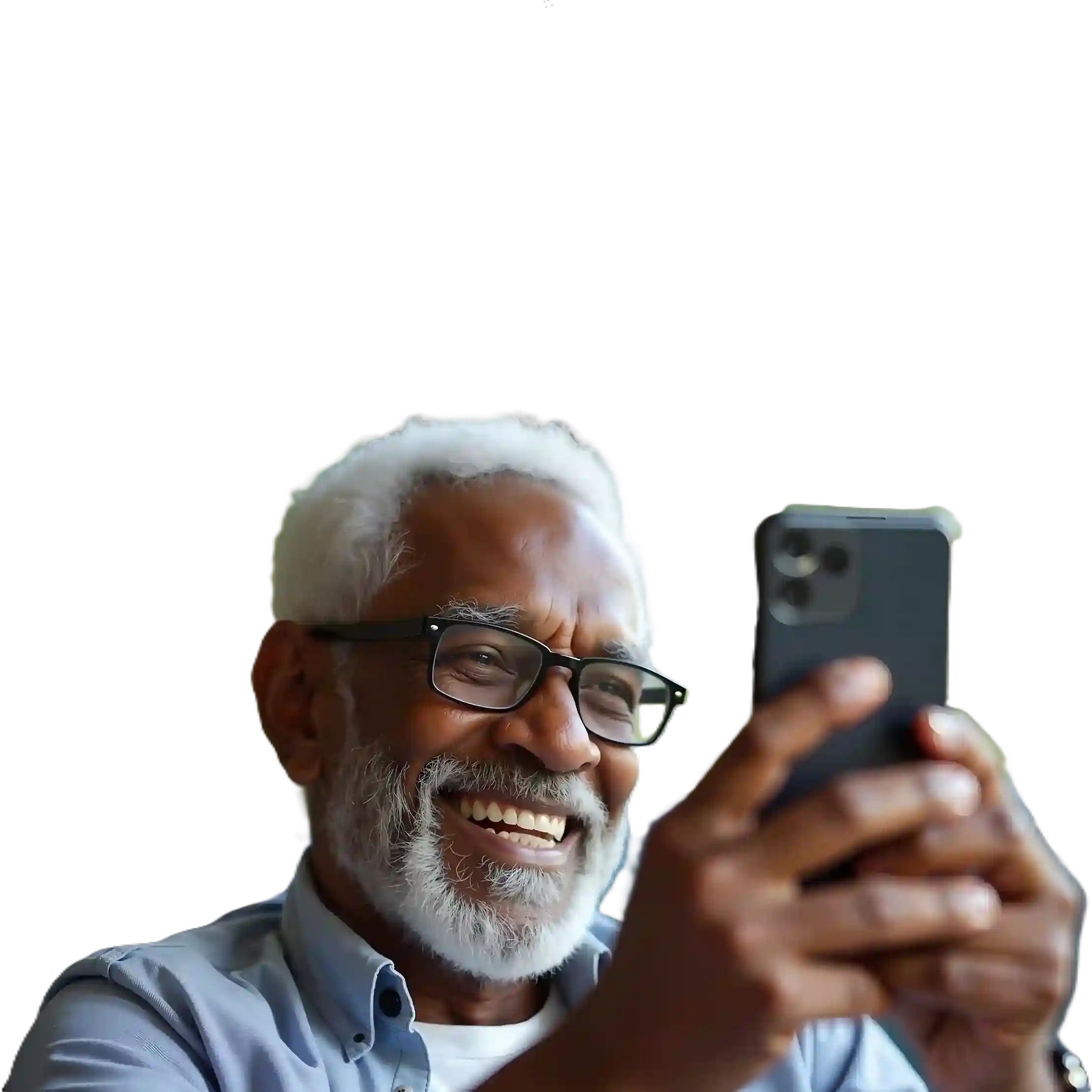 Older man comfortably accessing government support using Indosoft’s secure, unified communication solution on his smartphone. Elderly African man engaging with public service representatives via Indosoft’s AI-powered mobile communication system to access government services.