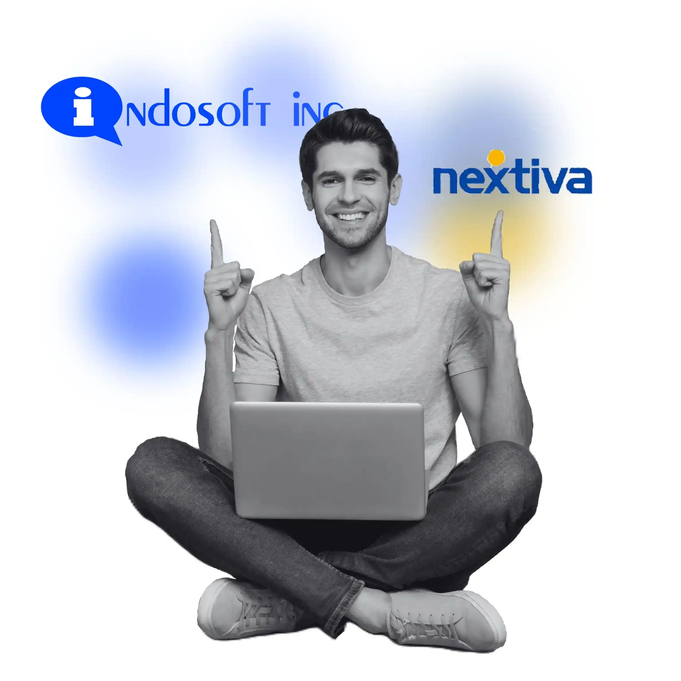 Person seated with a laptop and pointing at Indosoft and Nextiva logos, illustrating a side-by-side evaluation of both solutions. A smiling man sitting cross-legged with a laptop, pointing to the Indosoft and Nextiva logos displayed above him, representing a comparison between the two platforms.
