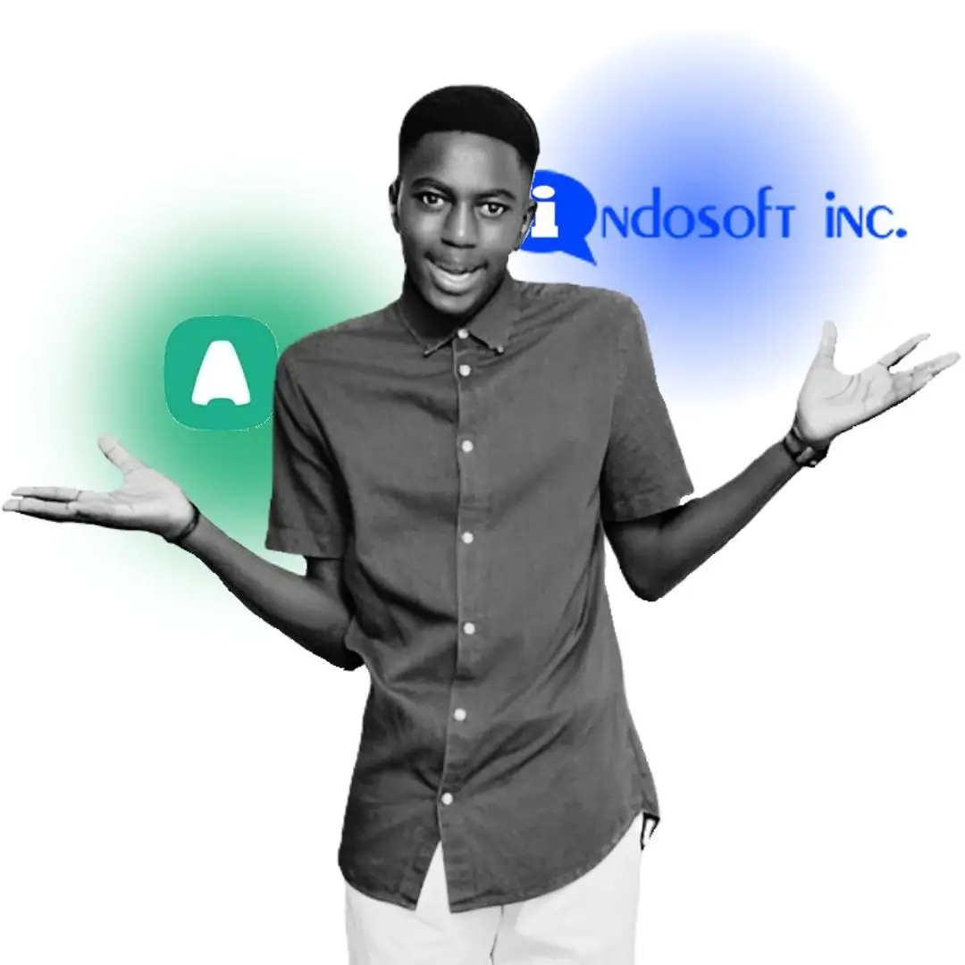 Choosing between Indosoft and Aircall? This visual highlights the evaluation of both platforms side by side. A man comparing Indosoft and Aircall, holding out both hands with each brand’s logo floating above them.