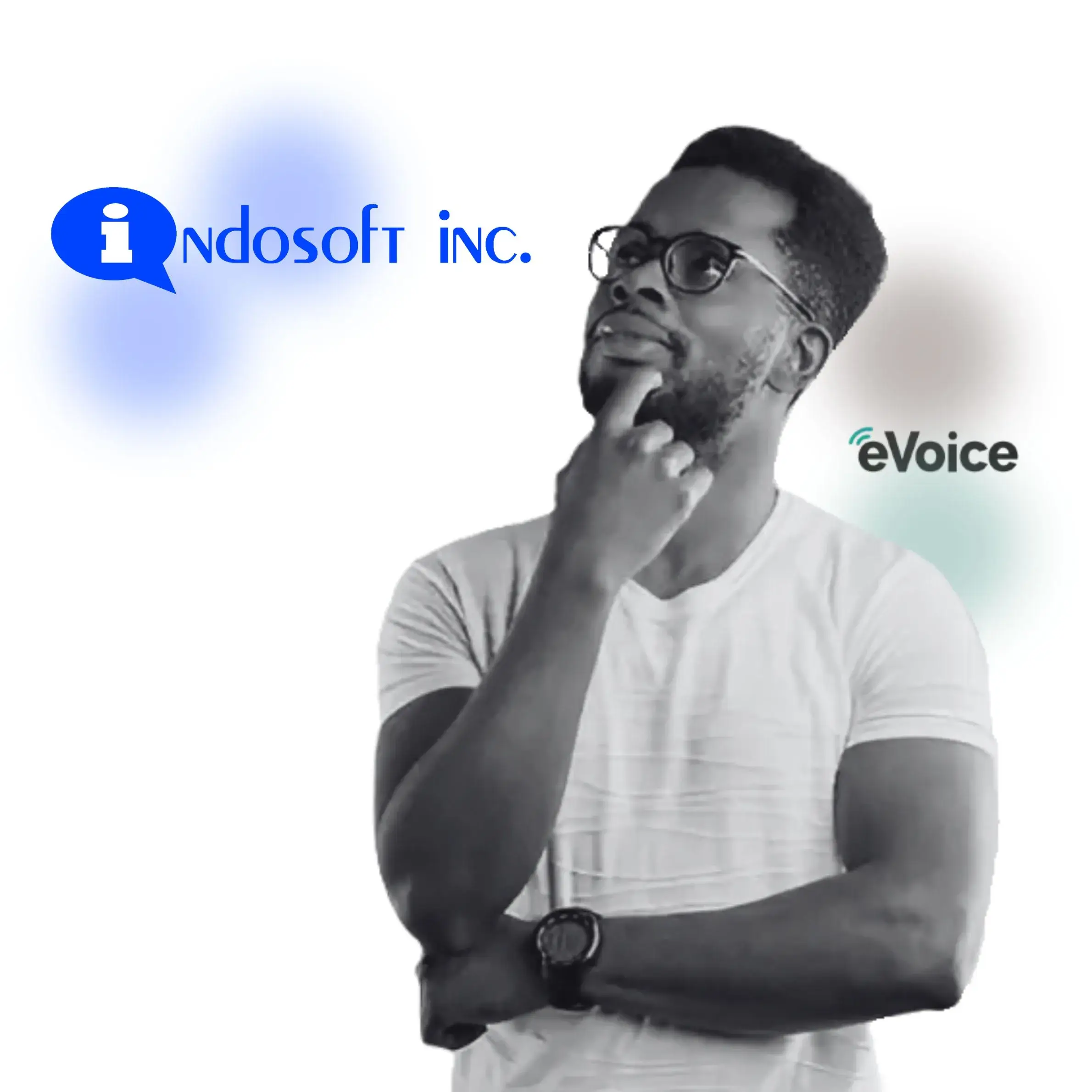 A man looks upward as if considering two choices. Behind him, the Indosoft and eVoice logos appear on opposite sides, supporting the idea of comparing both communication platforms. A client looking thoughtfully at his phone options with Indosoft and eVoice logos displayed behind him.