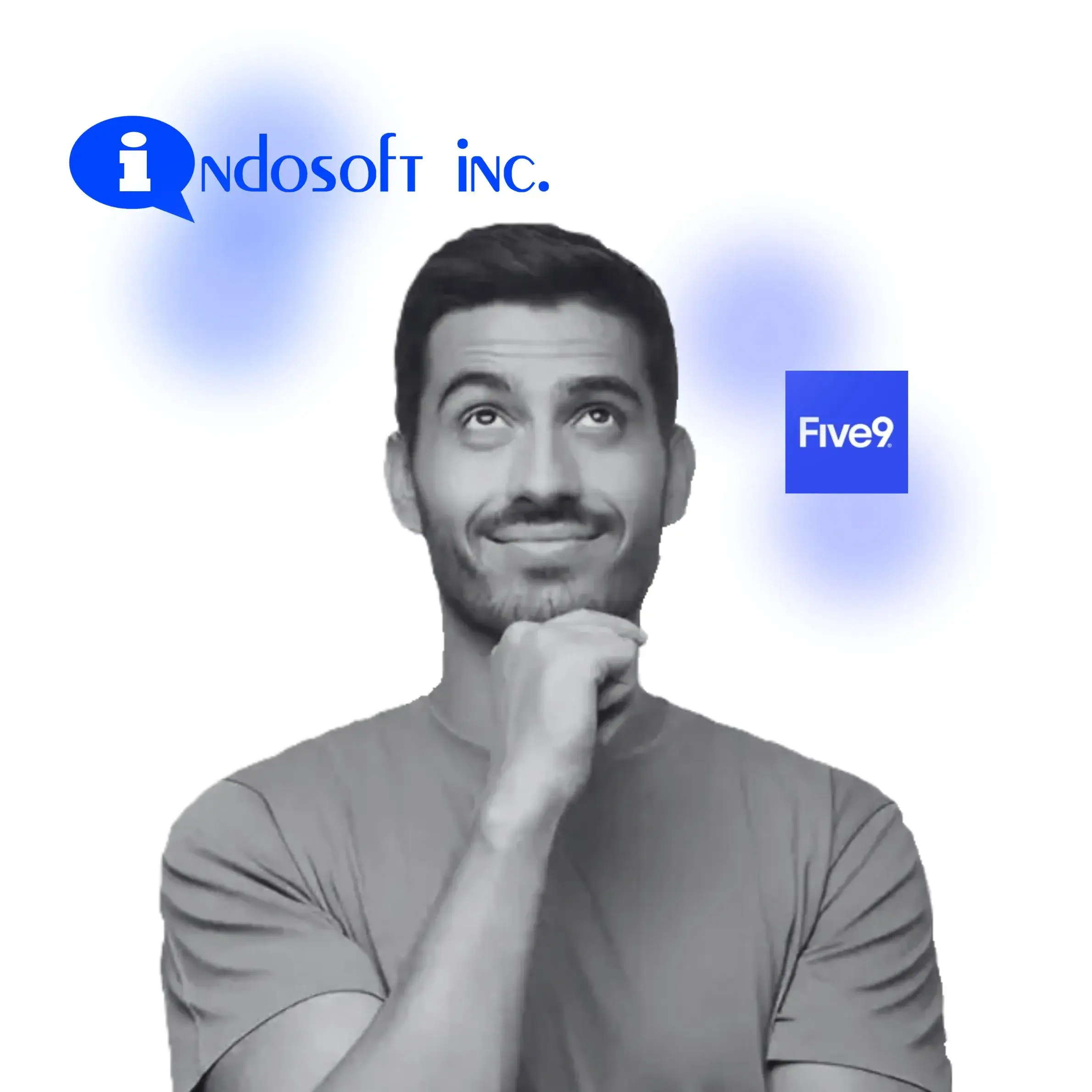 Person in a reflective pose with Indosoft on one side and Five9 on the other, indicating a comparison between two communication platforms. A man looking upward thoughtfully with Indosoft and Five9 logos behind him, comparing which platform better supports future-ready teams.