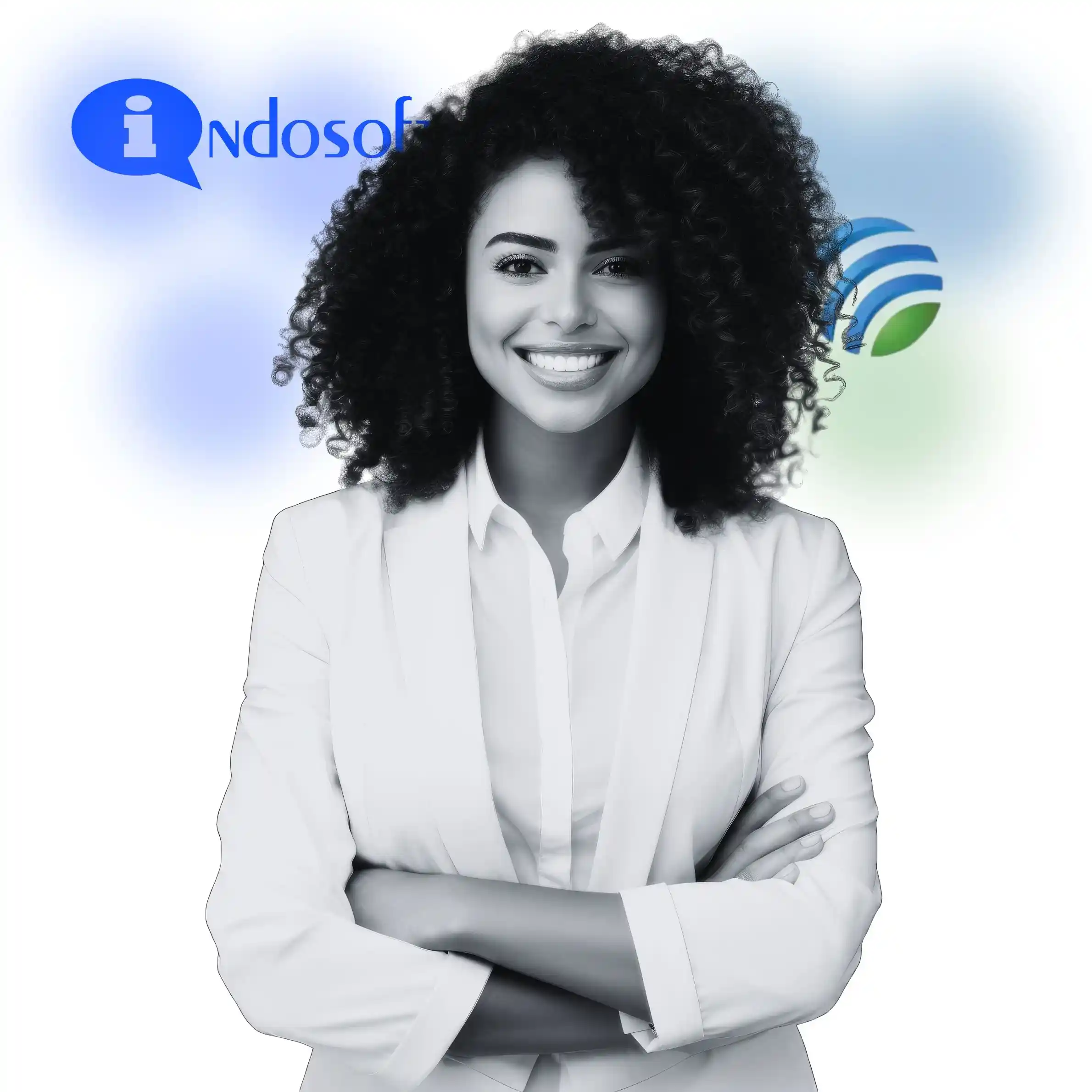 Discover the platform built for dependable worldwide connectivity. Confident businesswoman posing with Indosoft and TollFreeForwarding branding in the background, symbolizing communication platform evaluation.