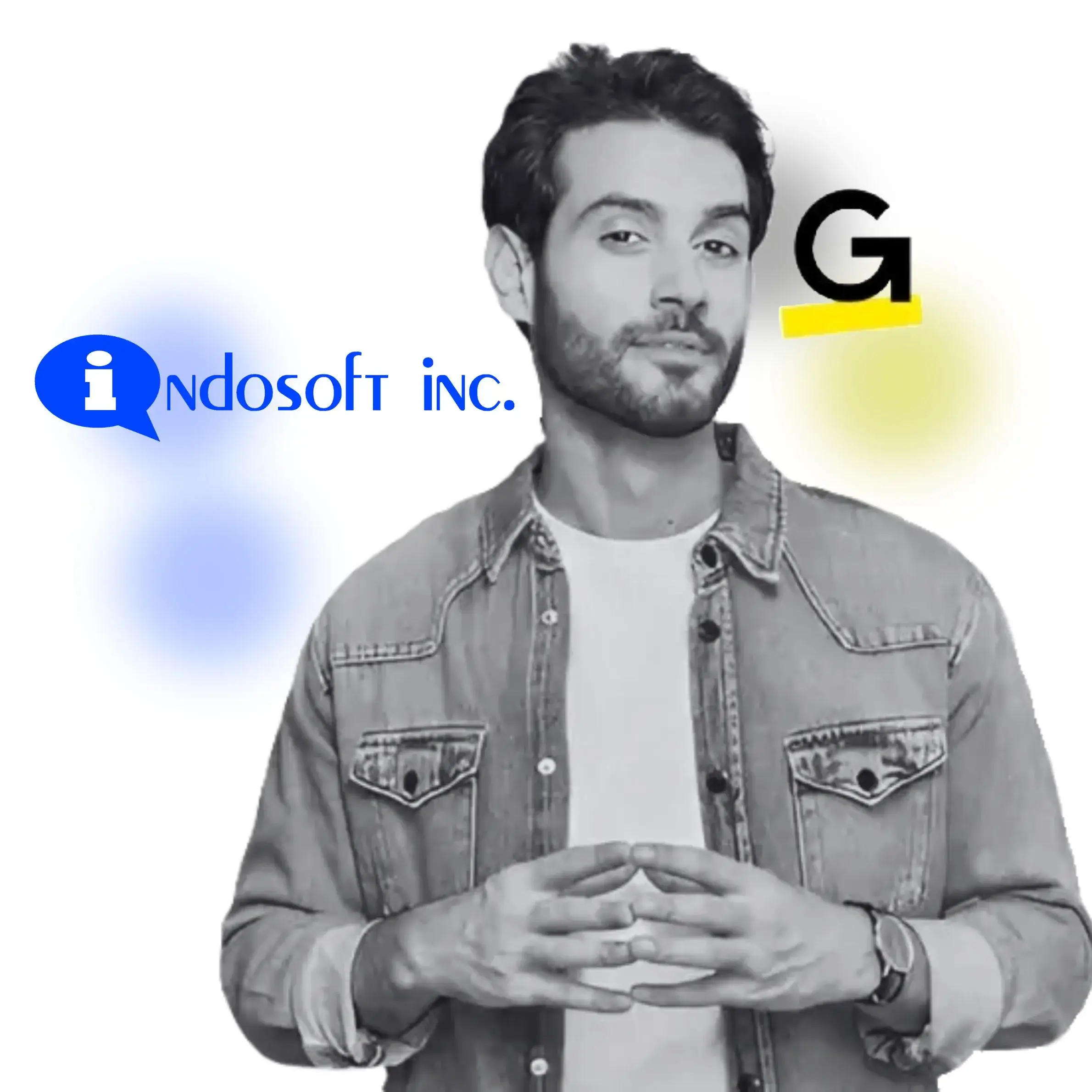 A professional reviewing Indosoft and GoTo Connect options, considering which platform supports more dependable communication performance. A professional comparing Indosoft and GoTo Connect, shown with both logos behind him to support a decision on long-term communication performance.