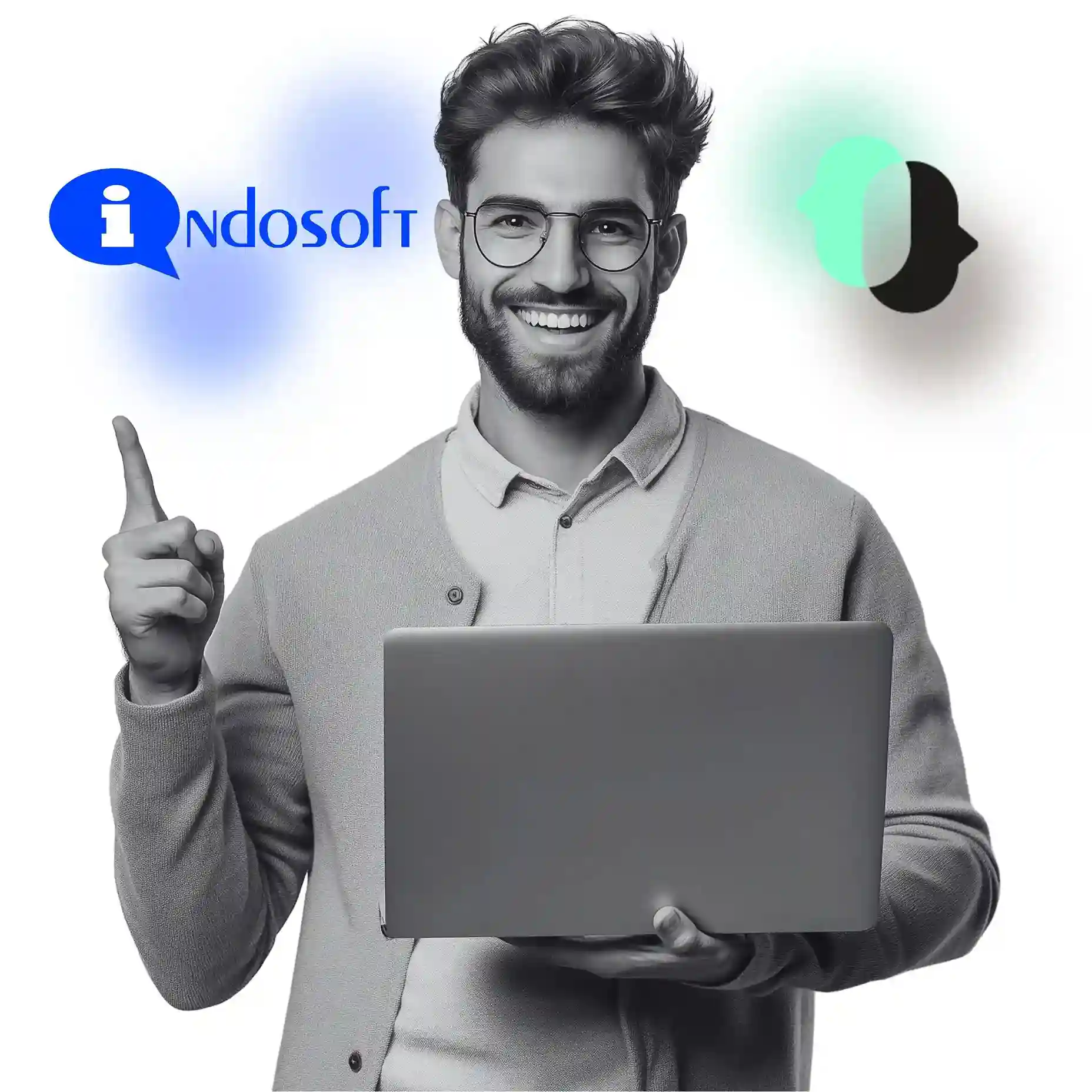 A client highlights the Indosoft platform, visually reinforcing its advantage over JustCall for organizations seeking better control, flexibility, and communication intelligence. Client with laptop pointing toward Indosoft branding, representing smarter communication control in the Indosoft vs JustCall platform comparison.
