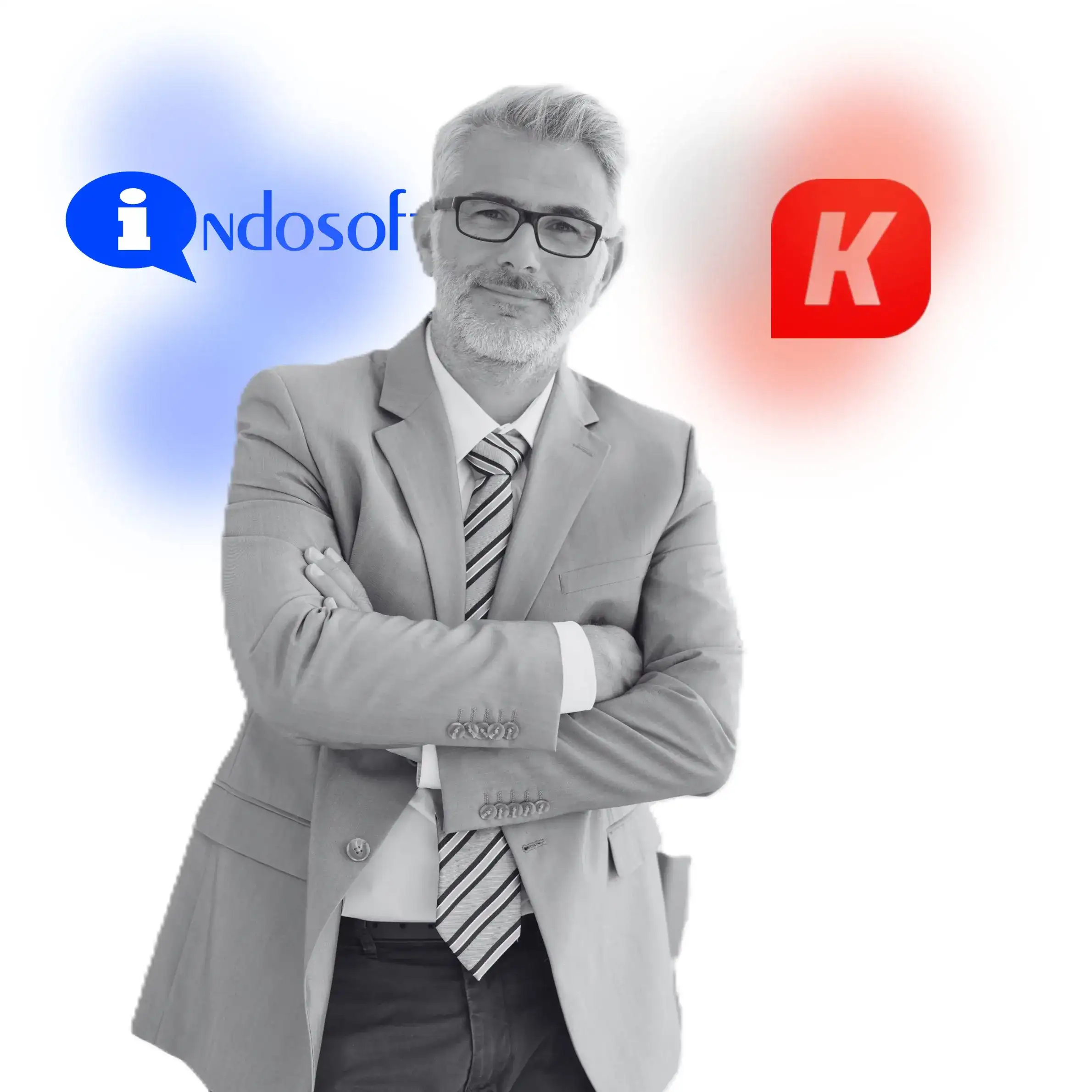 A poised executive stands with Indosoft on one side and Kixie on the other, illustrating the platform comparison that helps businesses determine which communication system offers deeper control and long-term scalability. Professional man standing confidently with Indosoft and Kixie logos, representing the comparison between the two communication platforms.