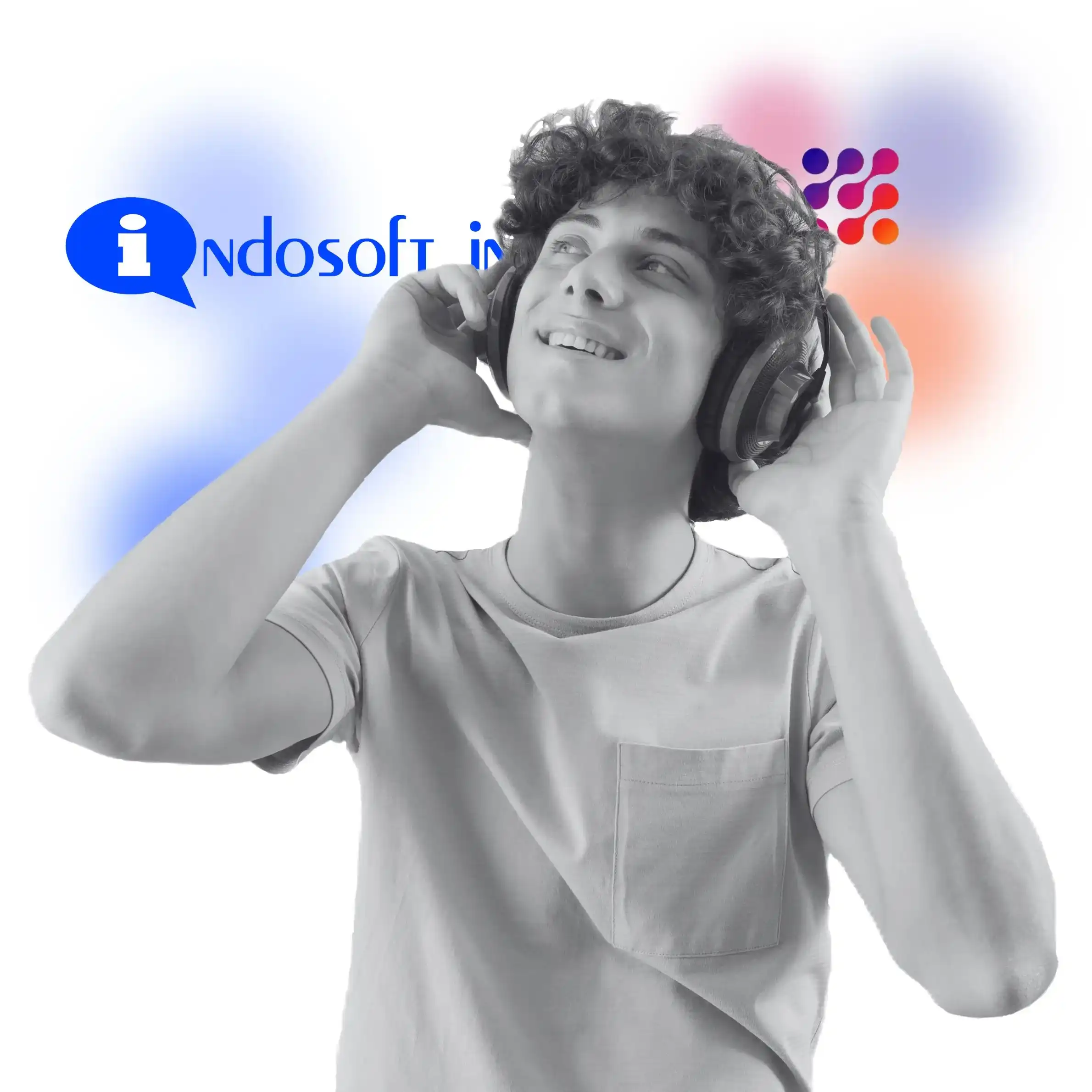 Smiling individual wearing headphones with Indosoft and LinkedPhone branding, highlighting the contrast between the two platforms. Smiling user wearing headphones placed between Indosoft and LinkedPhone branding, representing evaluation of both communication systems.