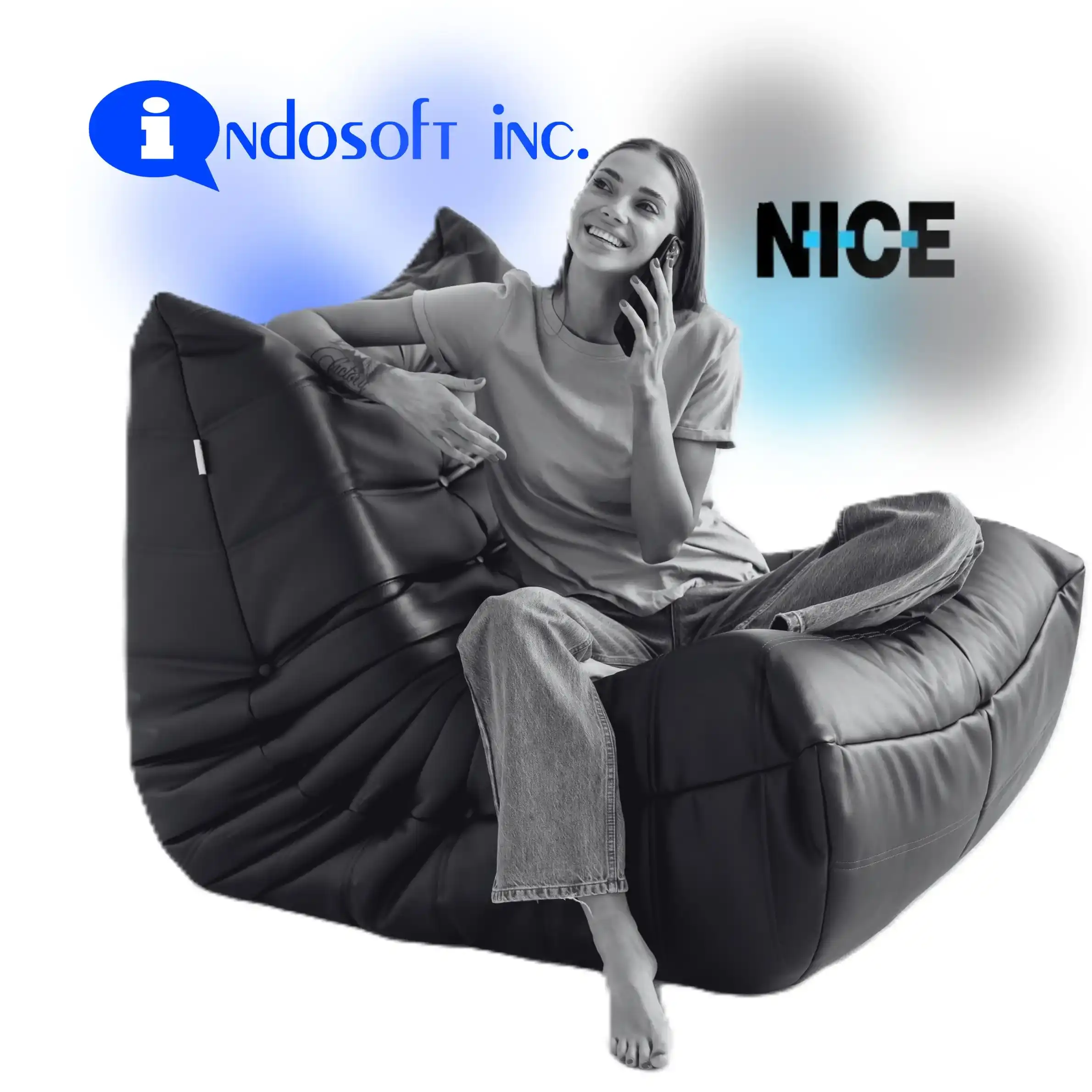 Person relaxing while on a phone call, positioned between Indosoft and NICE branding, illustrating a comparison of communication control platforms. Smiling woman on a call beside Indosoft and NICE logos, symbolizing choosing smarter communication control with Indosoft.