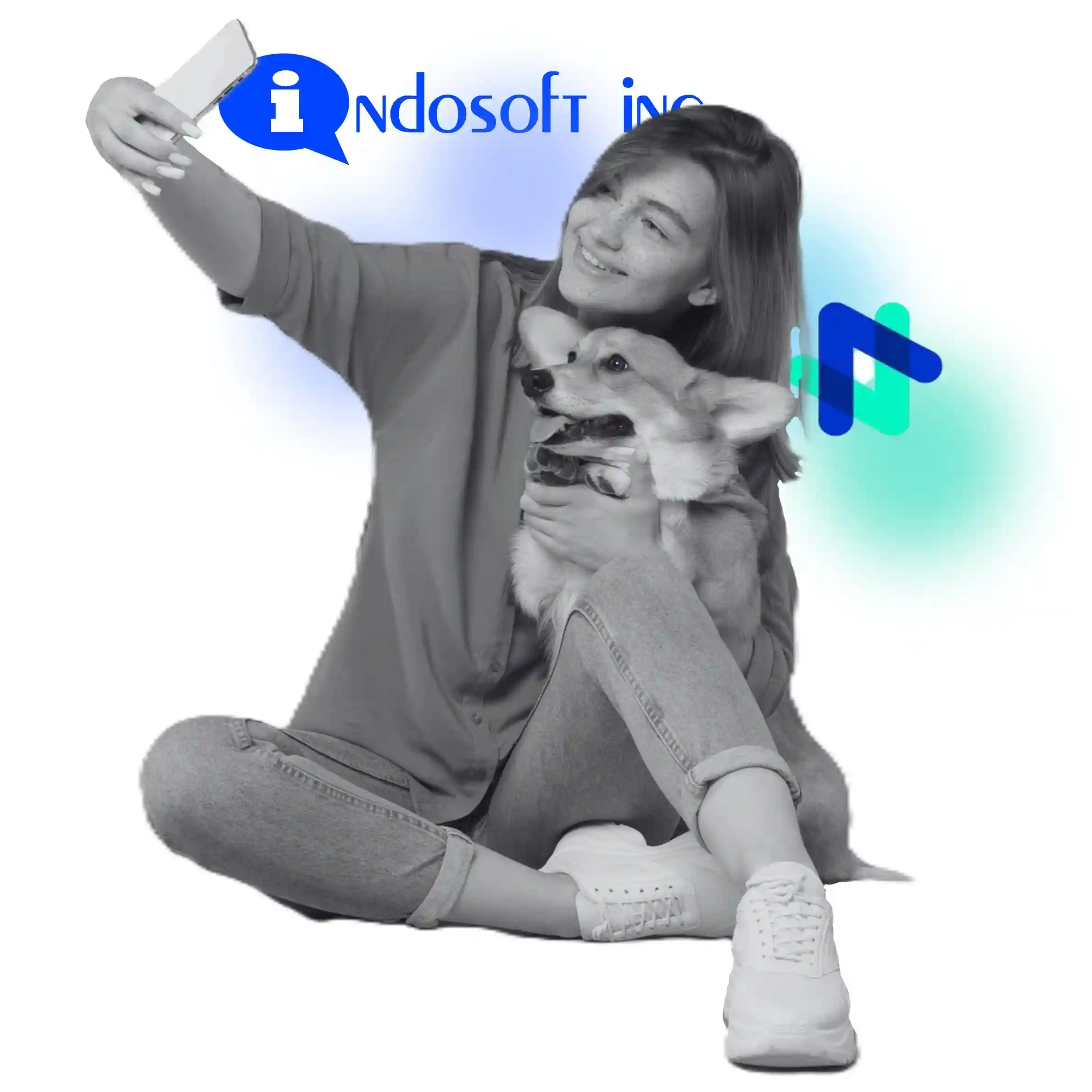 A woman taking a selfie with her dog symbolizes the human connection customers expect. Indosoft enables richer engagement journeys that go beyond Novocall’s capabilities. User capturing a joyful moment with her pet, symbolizing Indosoft’s deeper, more human-centered engagement over Novocall.