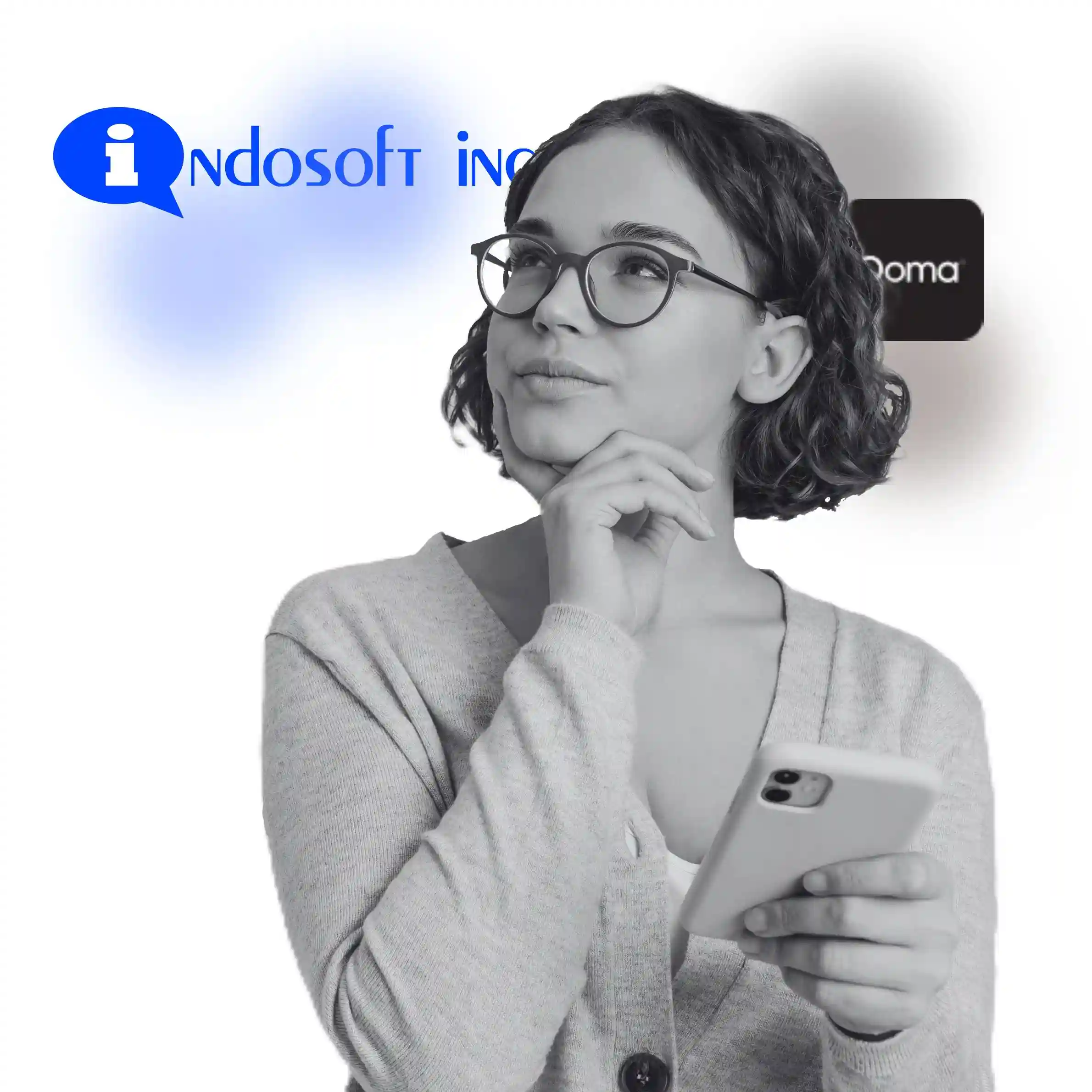 A woman in a reflective pose with her phone symbolizes the decision-making journey teams face when choosing a system built to improve communication efficiency and performance. Woman contemplating while using her phone, representing the decision to choose a higher-performing communication platform.