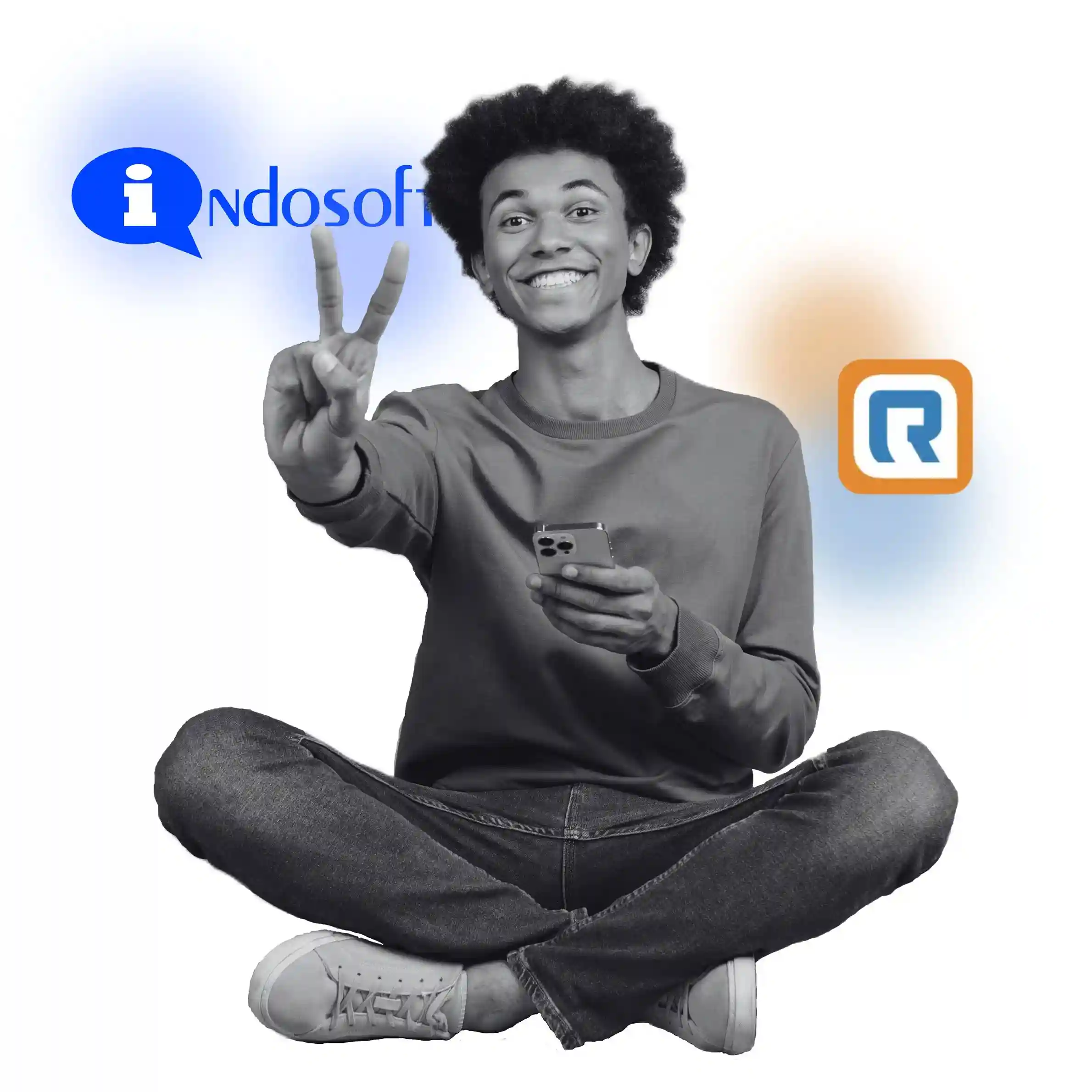 The uplifting expression and casual phone use represent the smooth, dependable environment Indosoft offers, making it a preferred alternative to RingCentral. Smiling person sitting cross-legged showing a peace sign while holding a phone, with Indosoft and RingCentral logos in the background.
