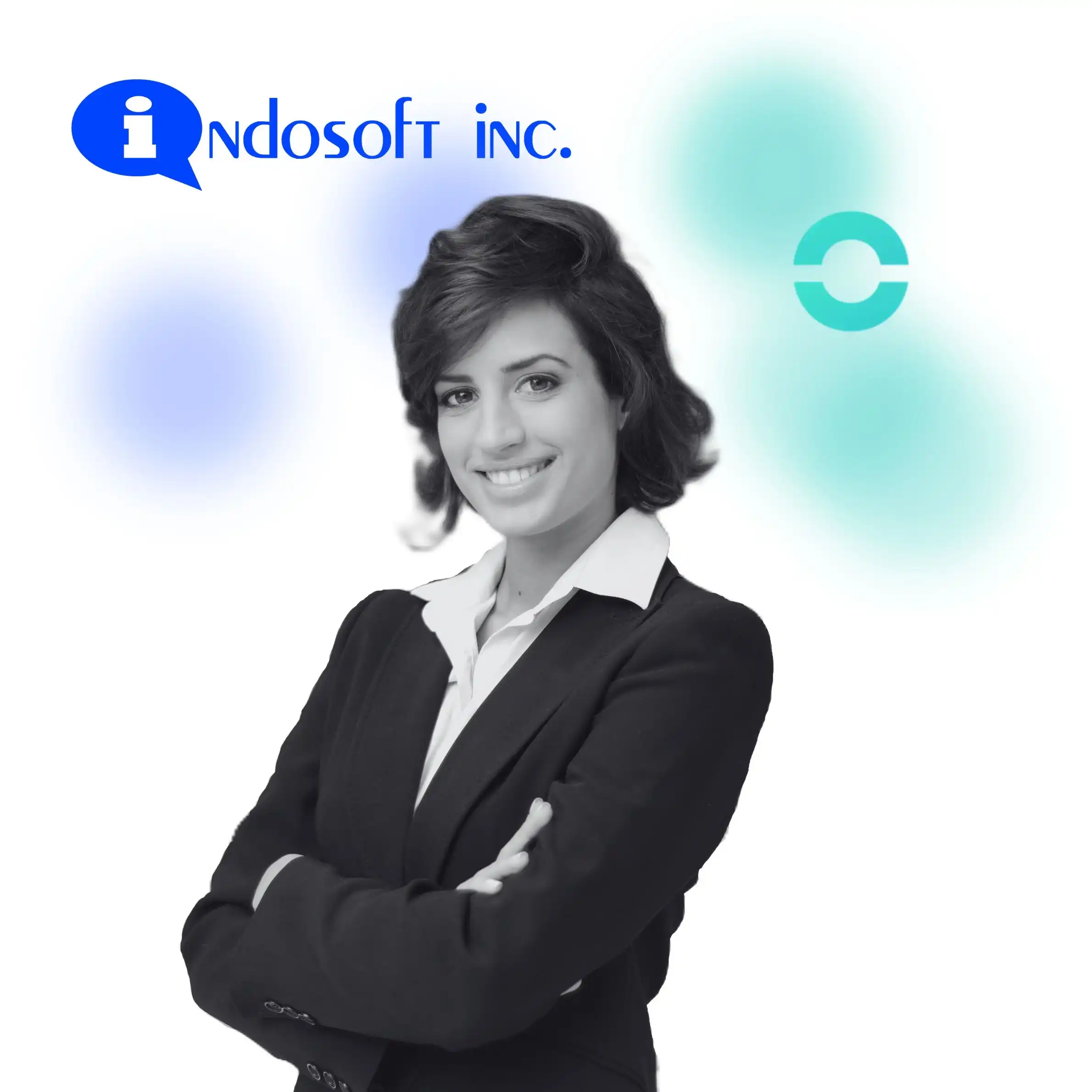 TFeaturing a poised businesswoman, the image highlights Indosoft’s ability to support evolving communication strategies more effectively than Ringover. Confident business professional standing with folded arms, with Indosoft and Ringover branding in the background, symbolizing scalable communication strategy.