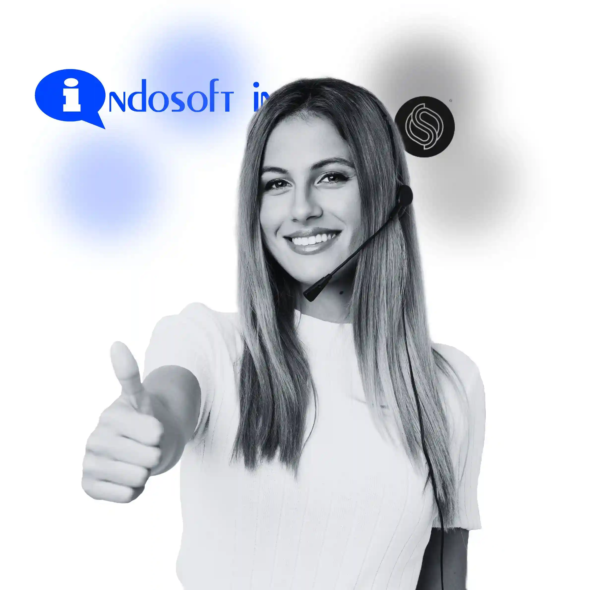 The upbeat gesture symbolizes Indosoft’s commitment to a dependable, high-performance communication environment — one that outperforms Sonetel’s capabilities. Friendly customer support representative wearing a headset and giving a positive thumbs-up, highlighting Indosoft’s reliability over Sonetel.