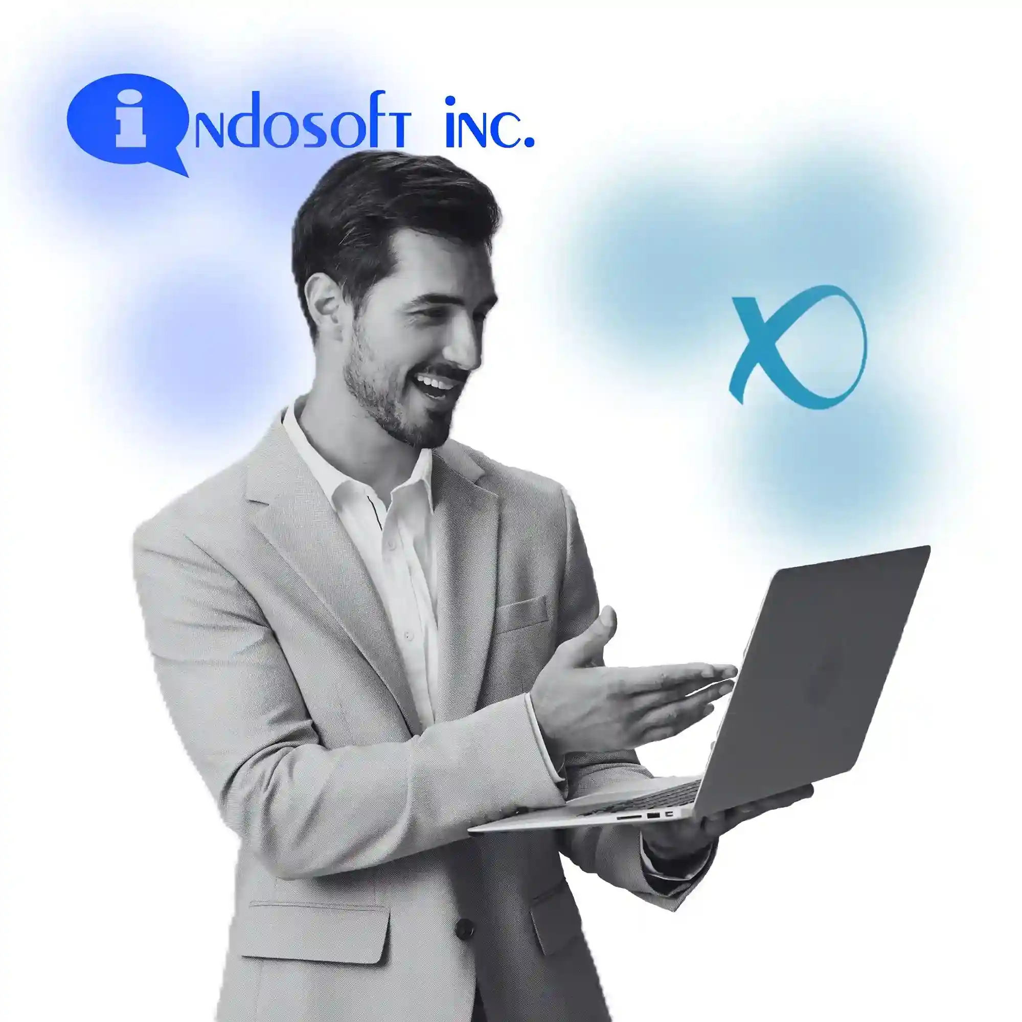 A consultant illustrates Indosoft’s AI automation, precise routing, and resilient architecture—features that help teams move beyond the limits of VirtualPBX and adopt a scalable, future-ready communication platform. Business professional presenting on a laptop symbolizing Indosoft’s AI-driven upgrade over VirtualPBX.