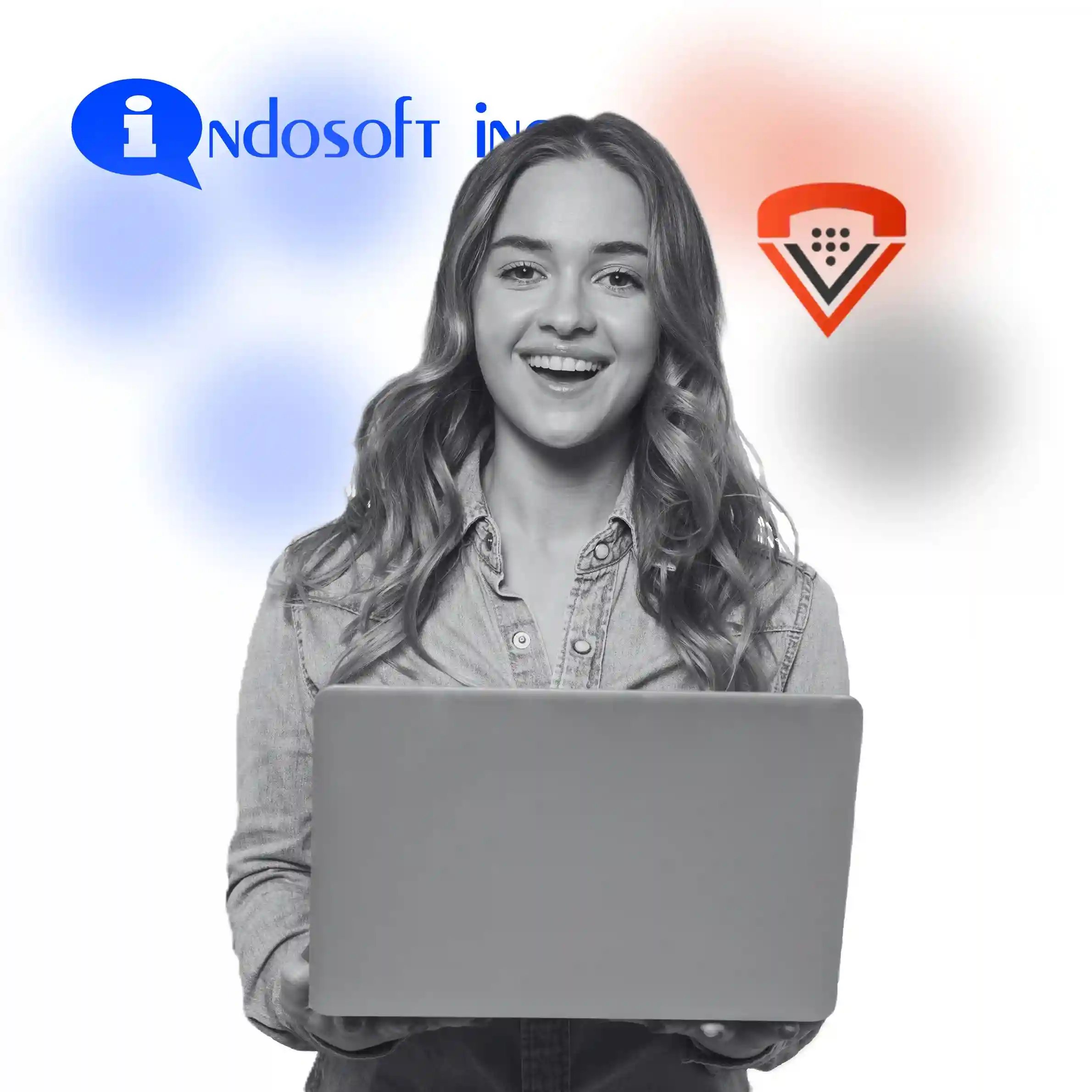 Professional woman holding a laptop in front of branded color accents, showcasing modern AI-driven communication platforms. Young professional using a laptop with blurred Indosoft and VitalVox brand colors behind her, symbolizing intelligent and flexible communication tools.