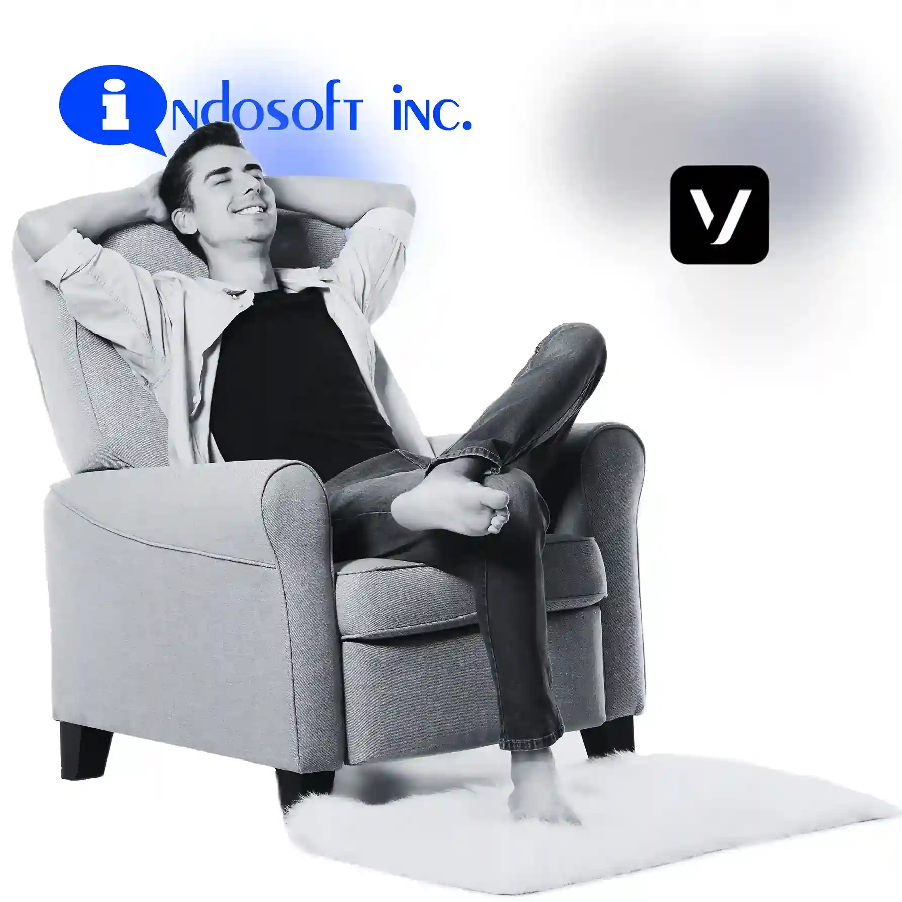 A client relaxes in a chair while the Indosoft and Vonage logos appear in the background, representing Indosoft’s stronger communication control. Client relaxing in a chair beside Indosoft and Vonage logos, representing Indosoft’s deeper communication control compared to Vonage.