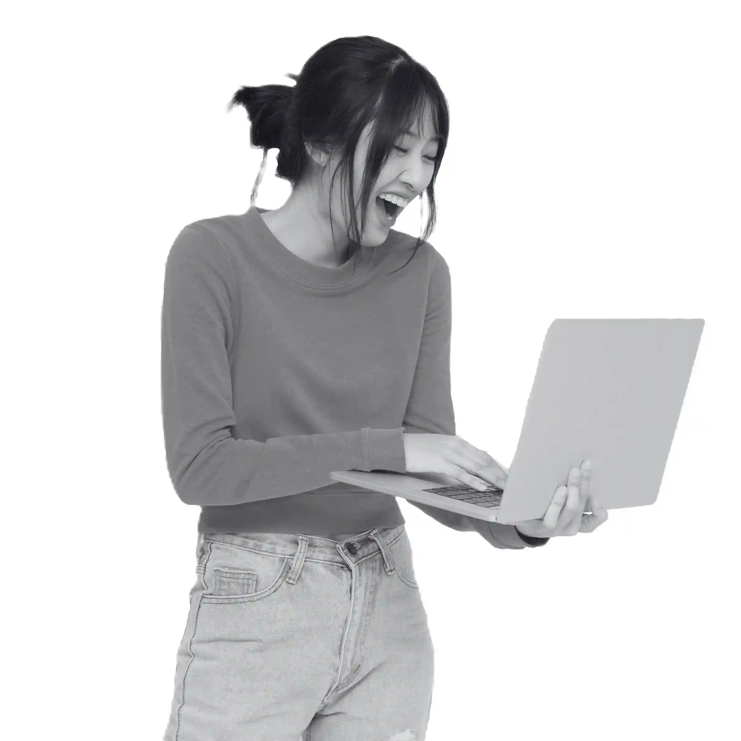 Woman engaged on her laptop, illustrating Indosoft’s reliable architecture and deeper automation tools beyond OpenPhone. Young professional working happily on her laptop, symbolizing why teams shift from OpenPhone to Indosoft for a more scalable communication system.