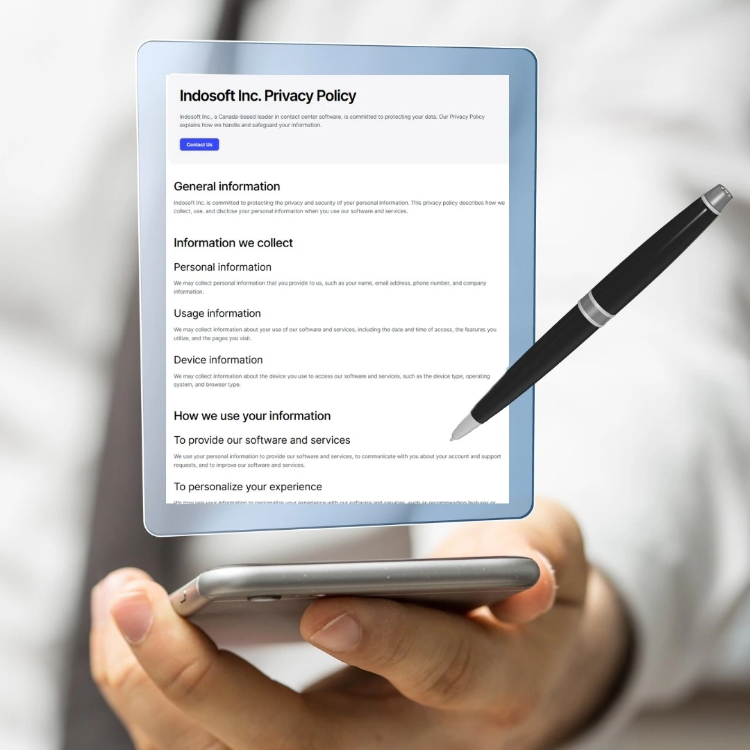 Business professional reviewing Indosoft’s privacy policy document to learn about data protection and privacy standards. Client reading Indosoft’s privacy policy on a tablet, ensuring understanding of secure and compliant business practices.